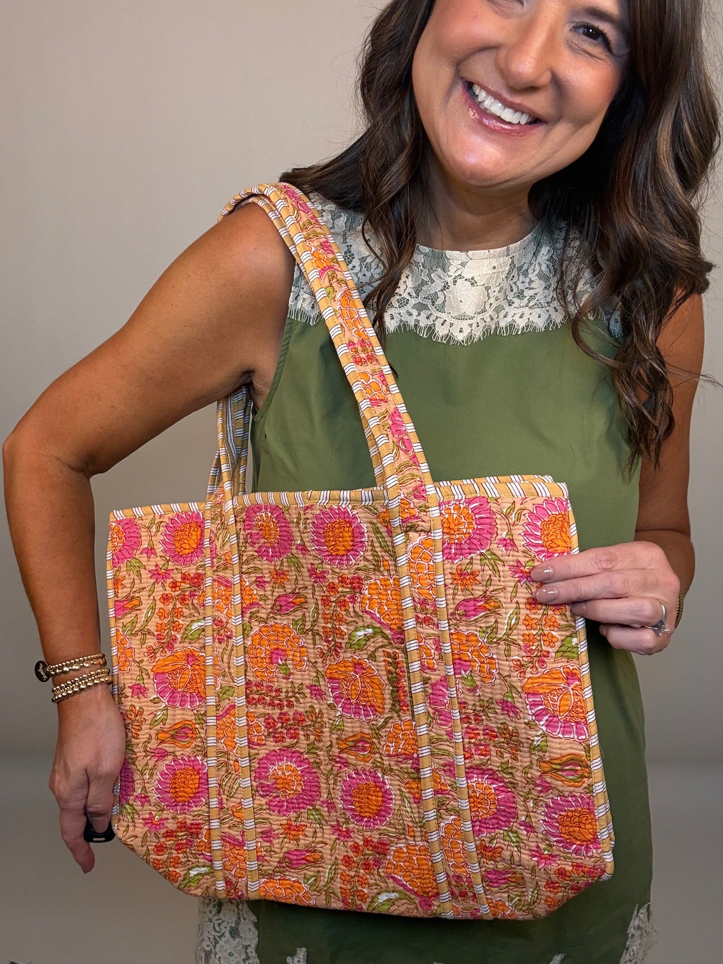 The Orange Floral Quilted Tote Bag