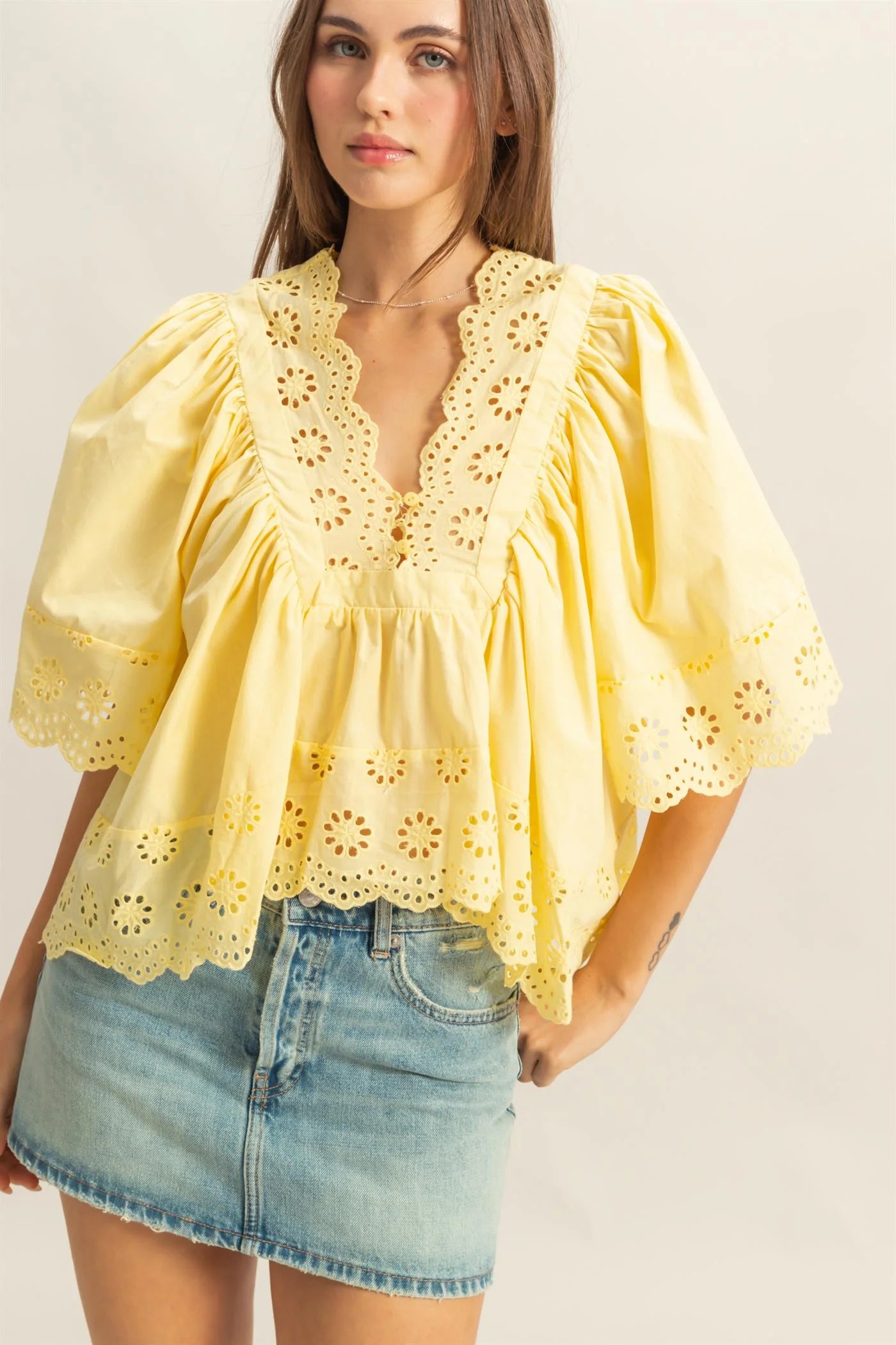 Yellow Eyelet Envy Blouse - Triple Charm Boutique
