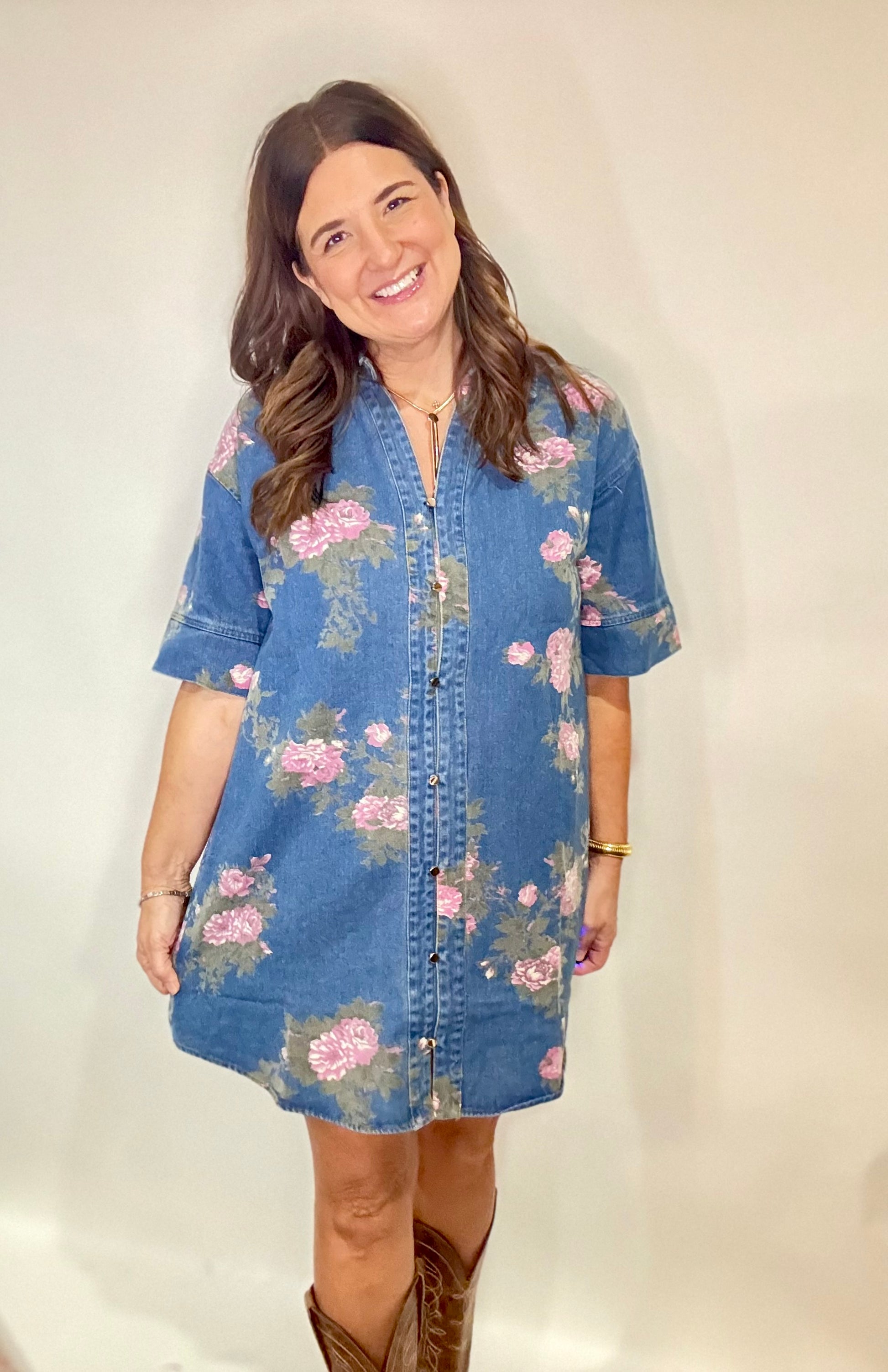 The Denim Floral Dress - Triple Charm Boutique