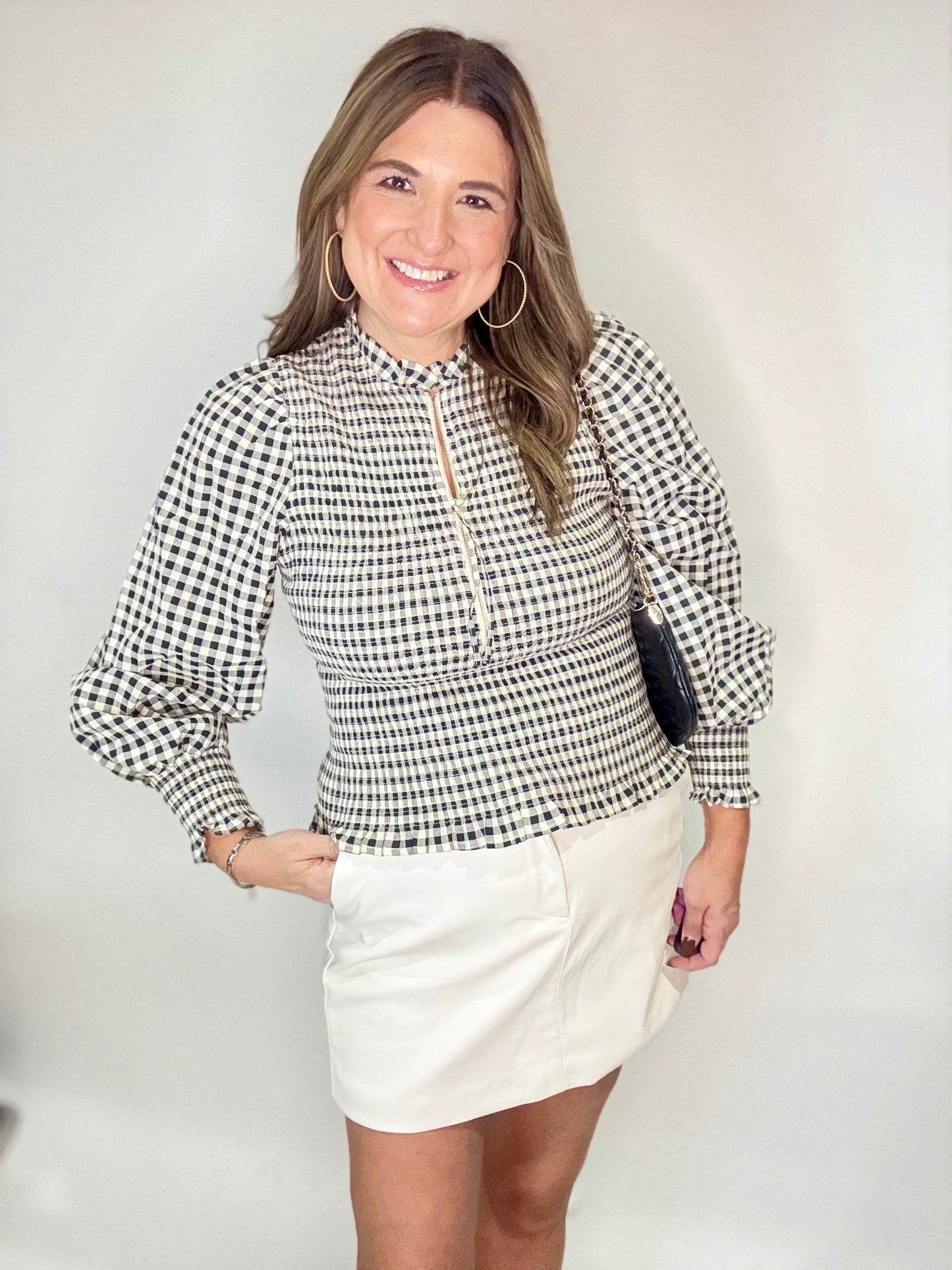 The Black Gingham Puff Sleeve Zip Top