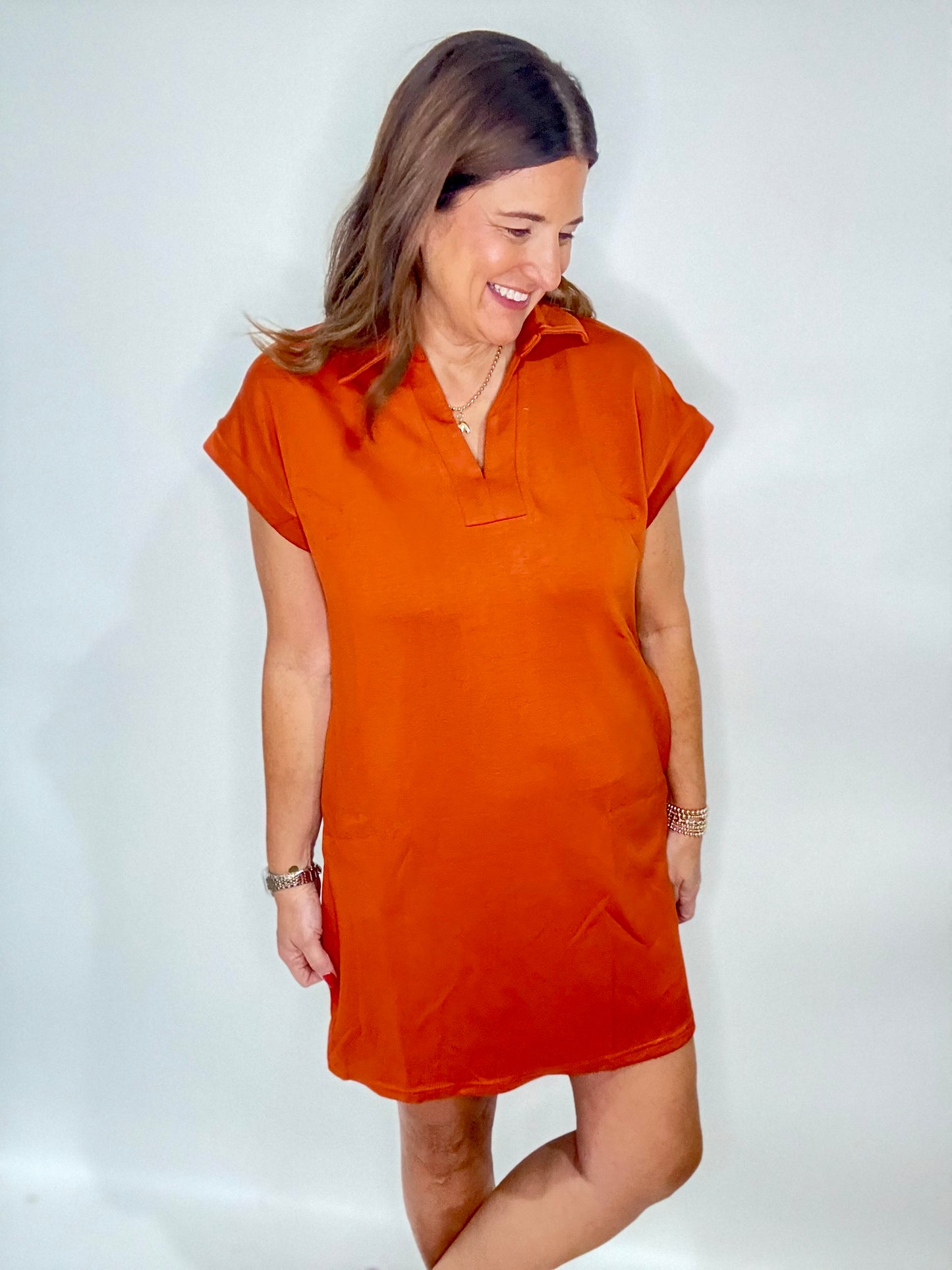 The Mandy Burnt Orange Scuba Dress - Triple Charm Boutique