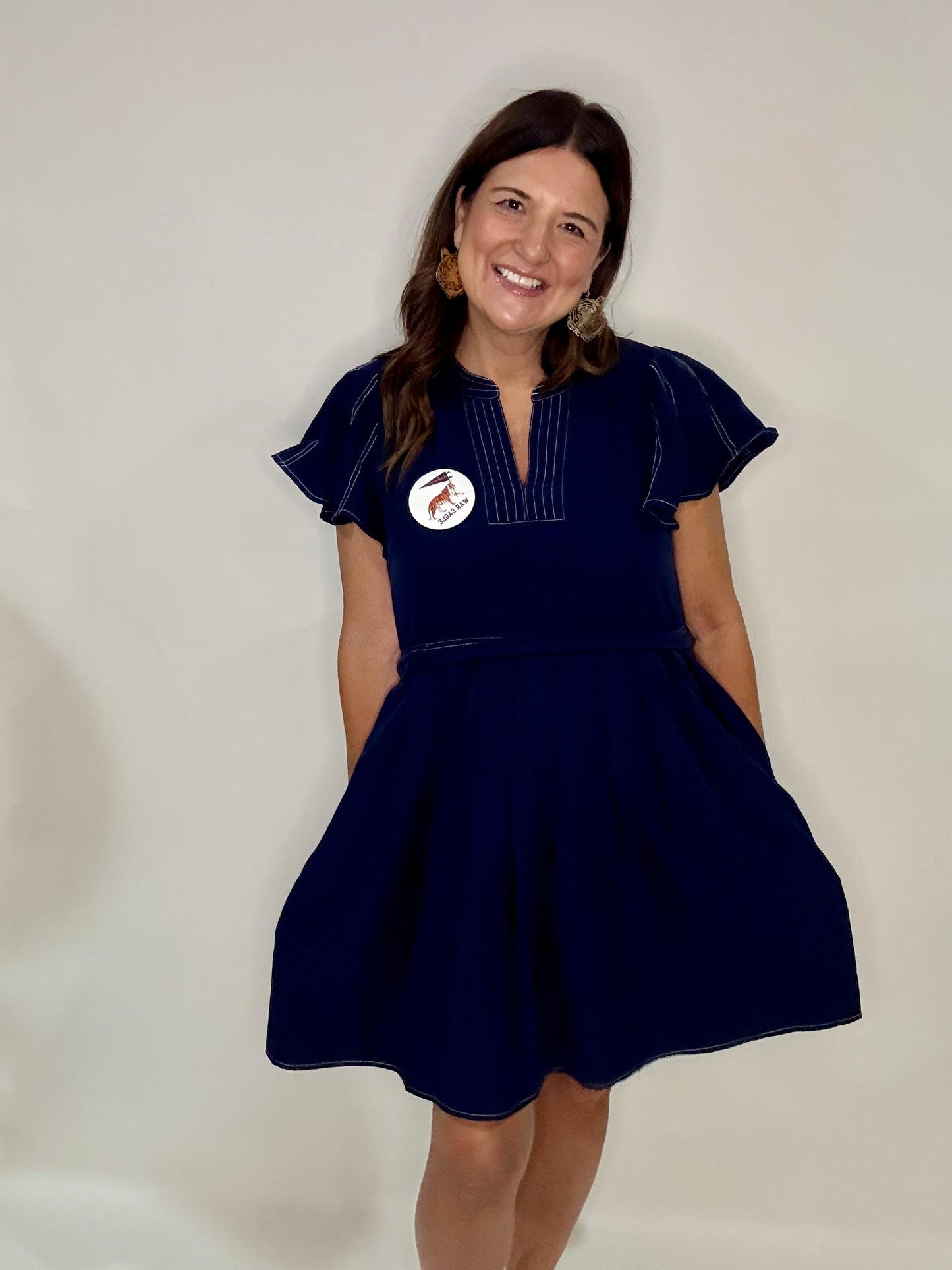 Navy Blue Flutter Sleeve Dress - Triple Charm Boutique