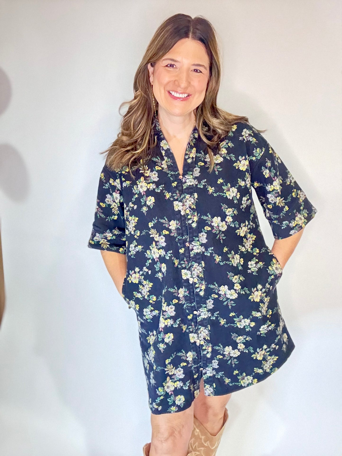 The Black Denim Floral Dress