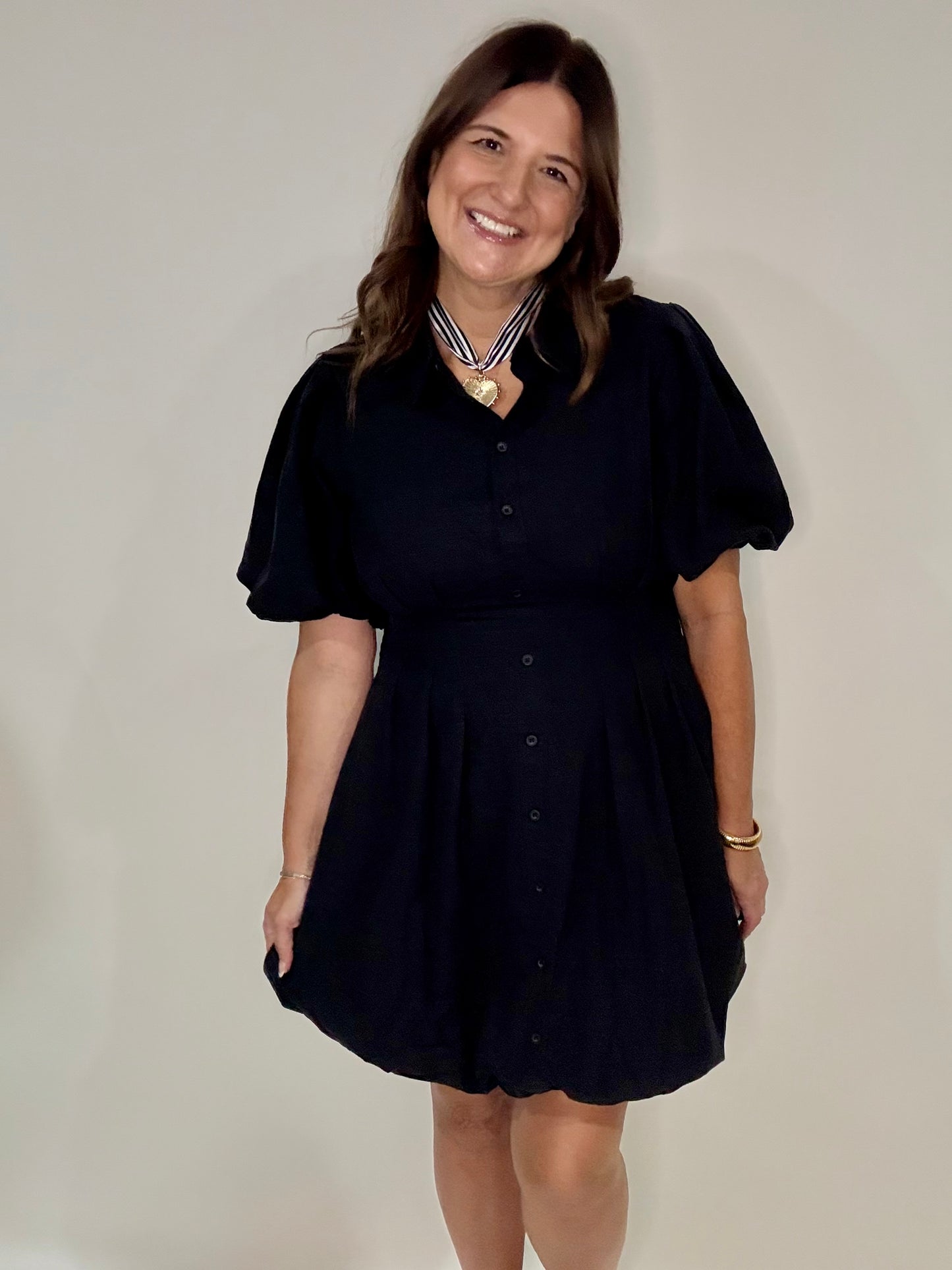 The Button Up Black Bubble Dress - Triple Charm Boutique