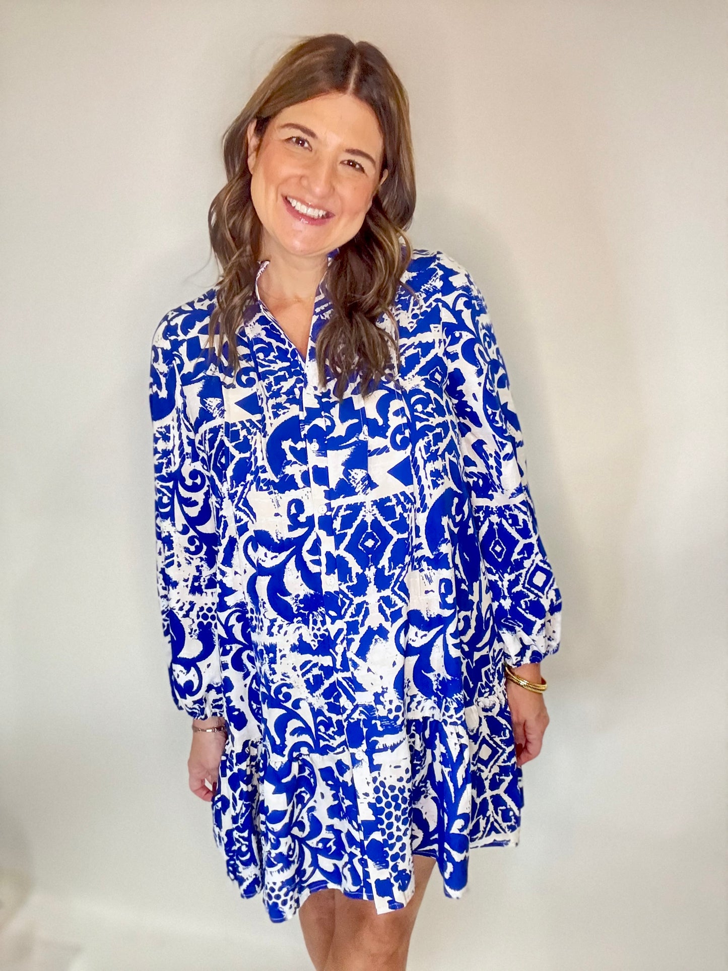 The Blue Fall Floral Long Sleeve Mini Dress