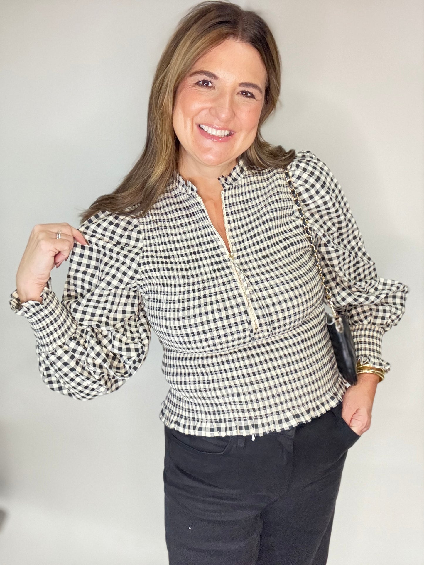 The Black Gingham Puff Sleeve Zip Top