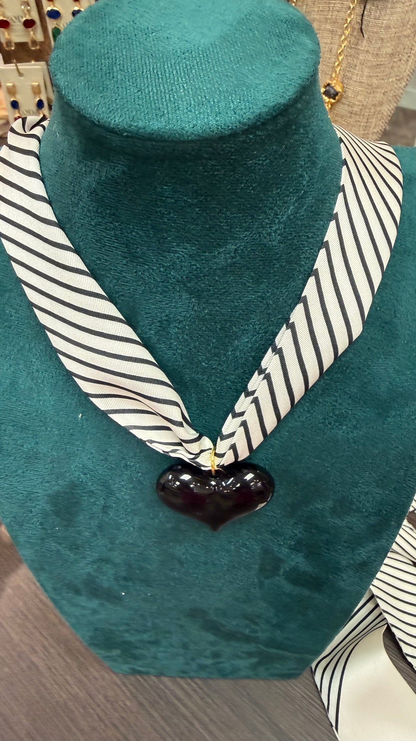 The Black & White Striped Scarf Necklace with Black Heart Charm