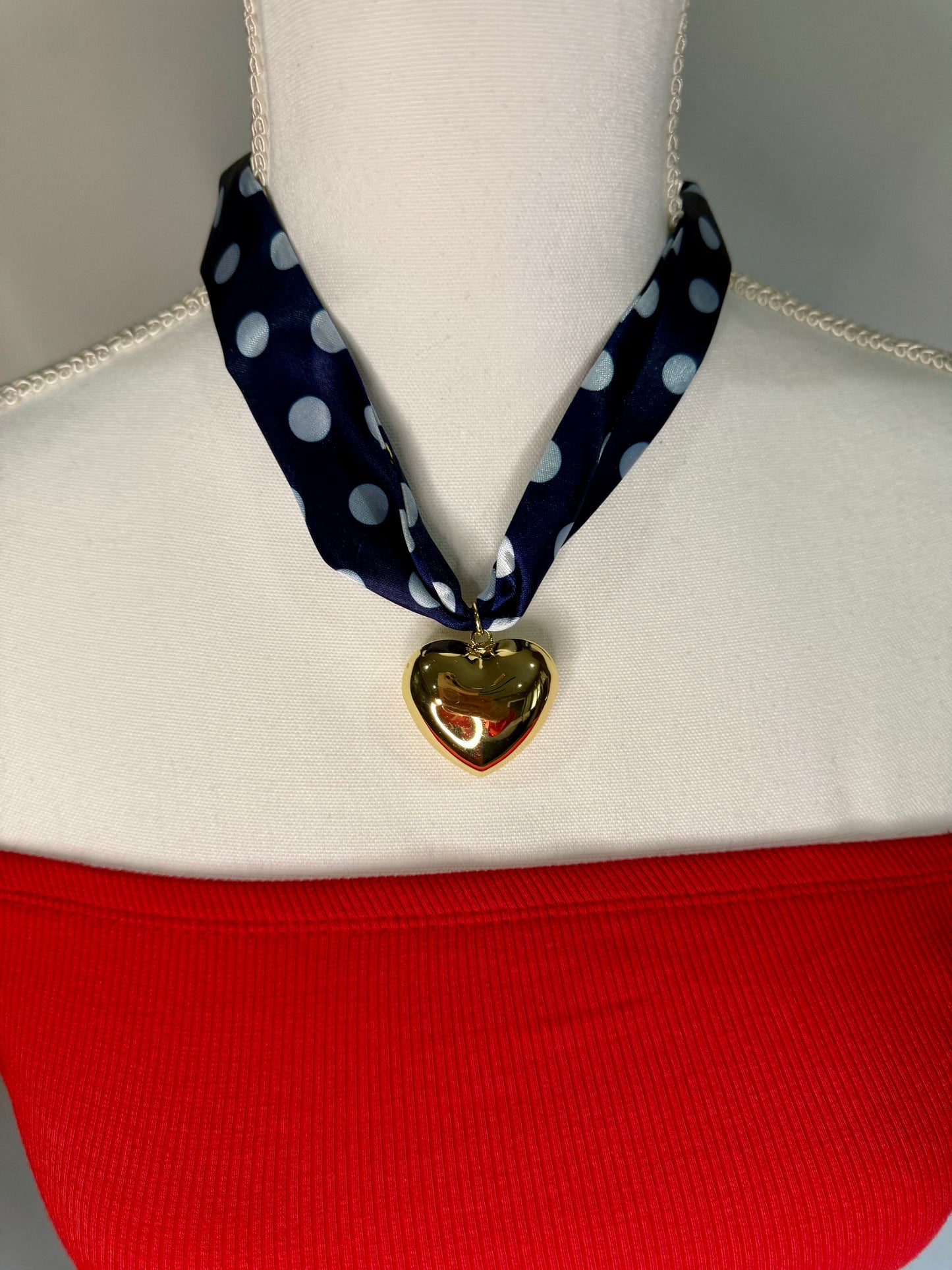 Scarf Heart Necklace in Navy & Dot Print - Triple Charm Boutique