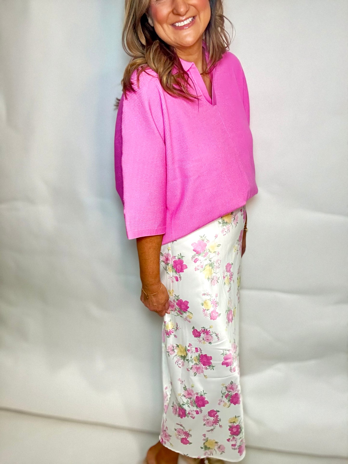 The Pink Floral Midi Skirt - Triple Charm Boutique