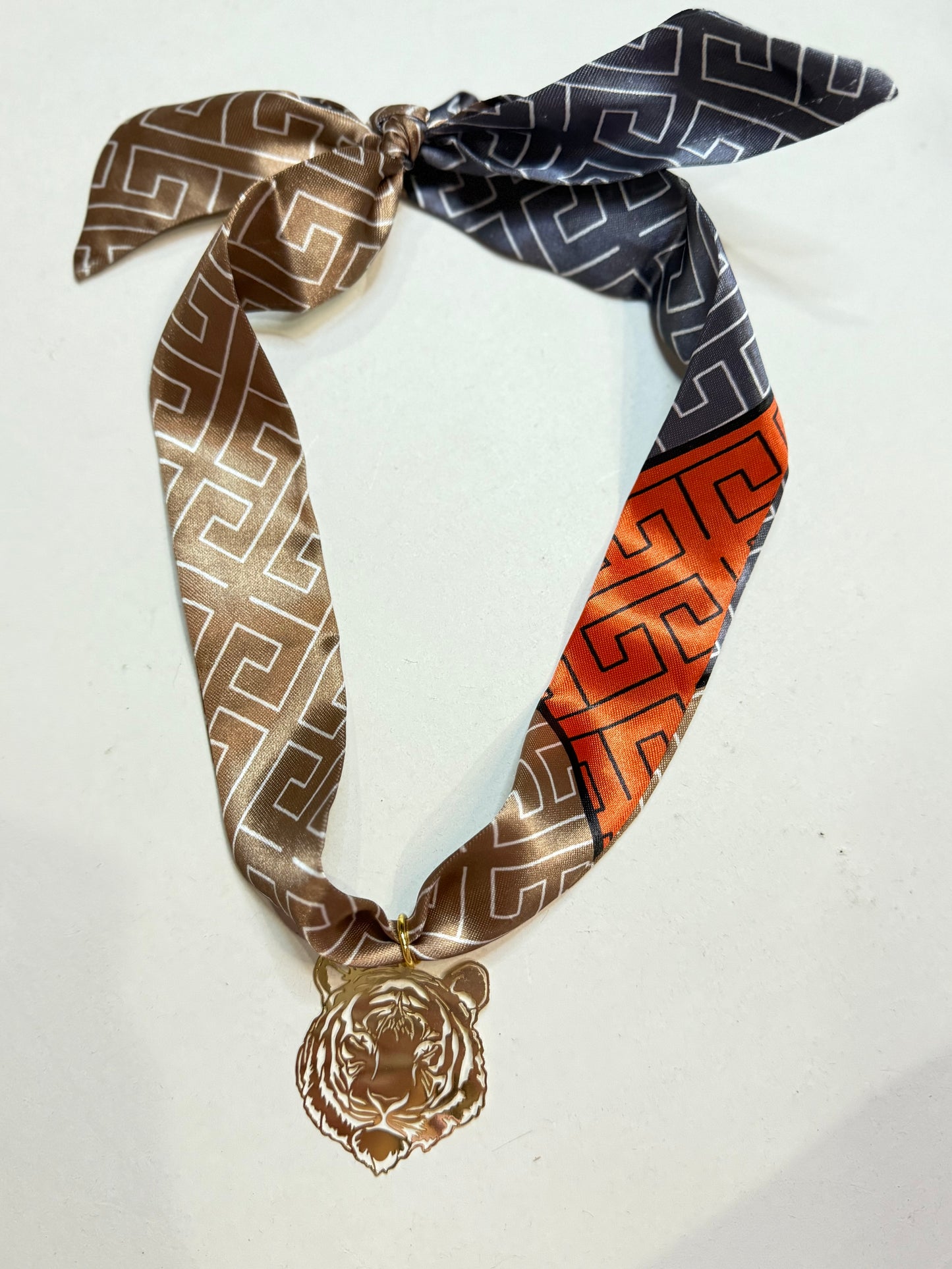 The Tiger Tan, Grey, & Orange Scarf Tie Necklace