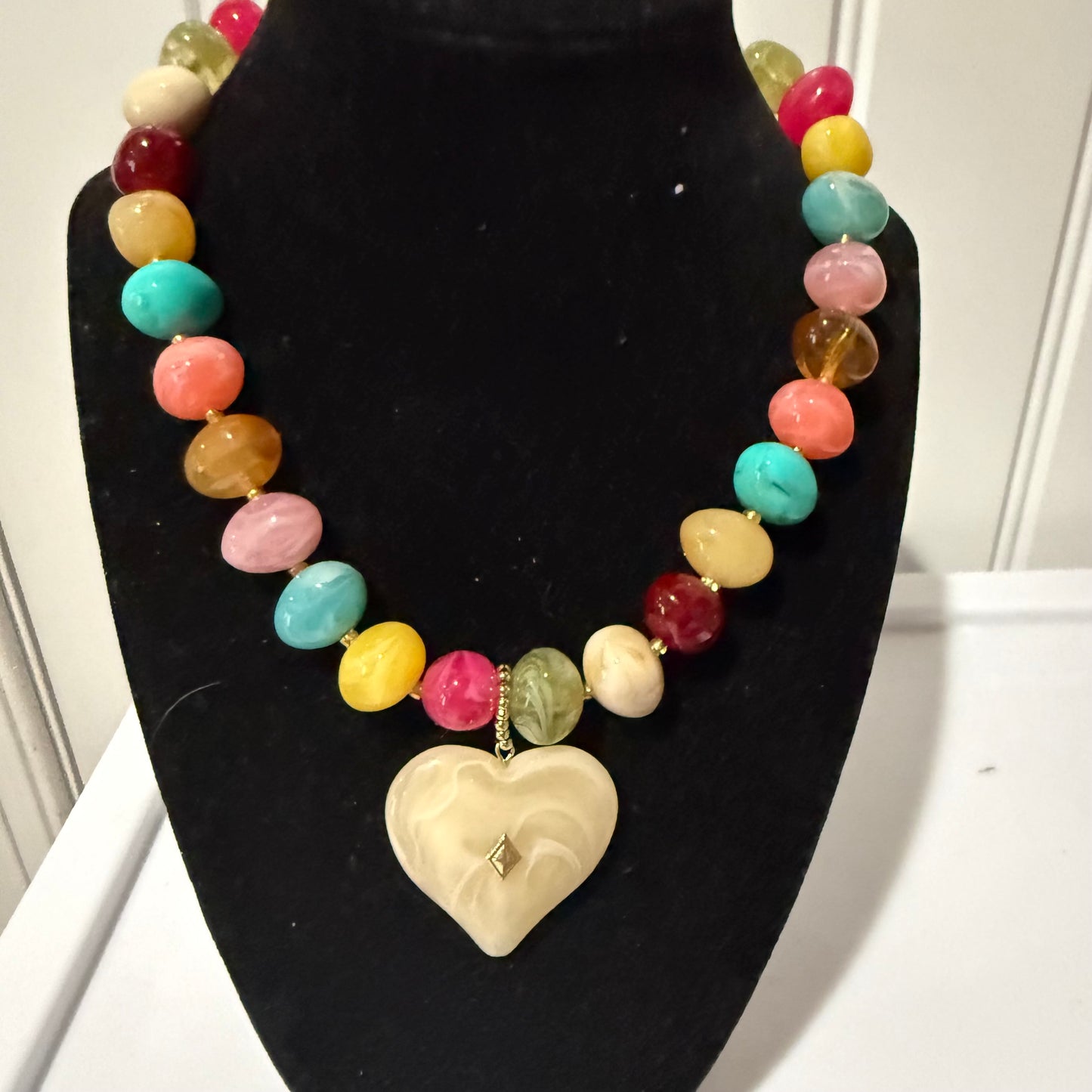 Fall Marble Cream Heart Beaded Necklace Rainbow Colors