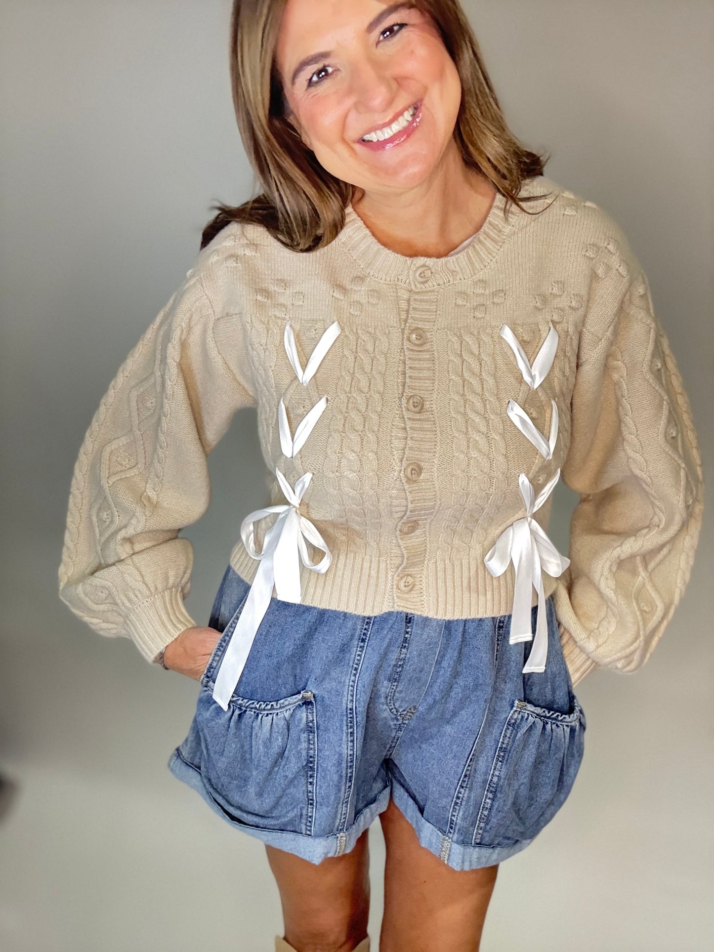 The Beige Lace Up Collar Sweater