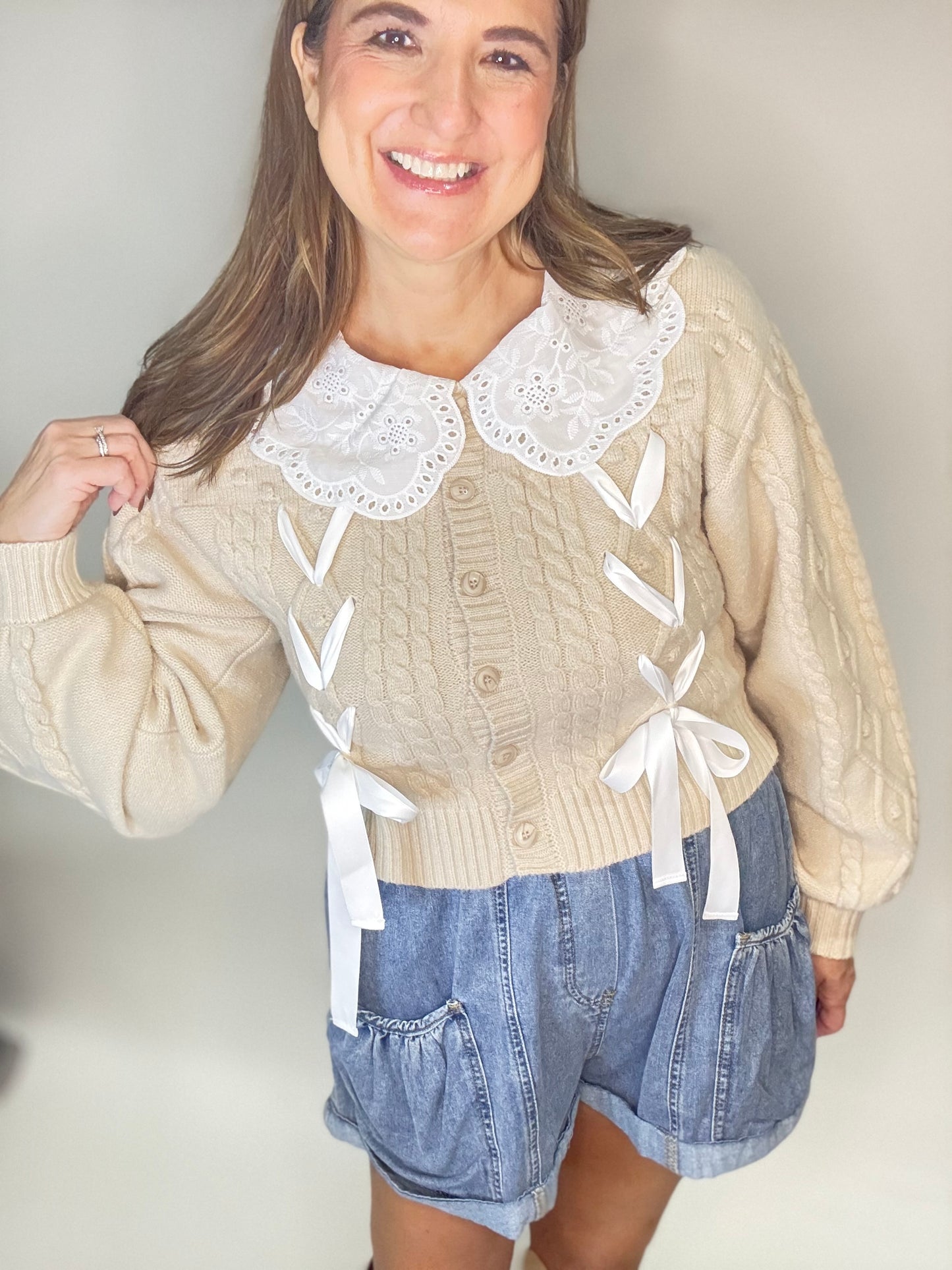 The Beige Lace Up Collar Sweater