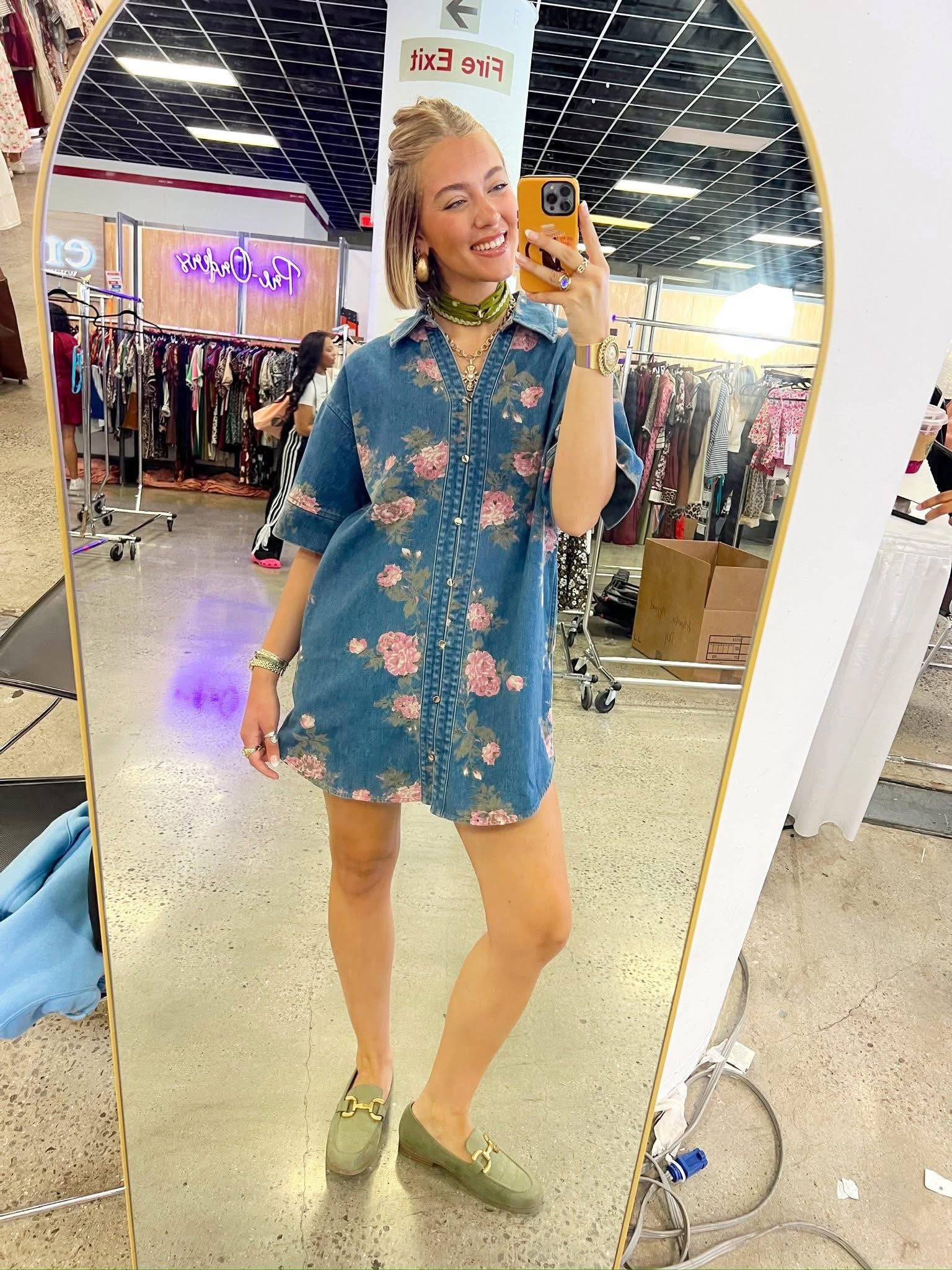 The Denim Floral Dress - Triple Charm Boutique