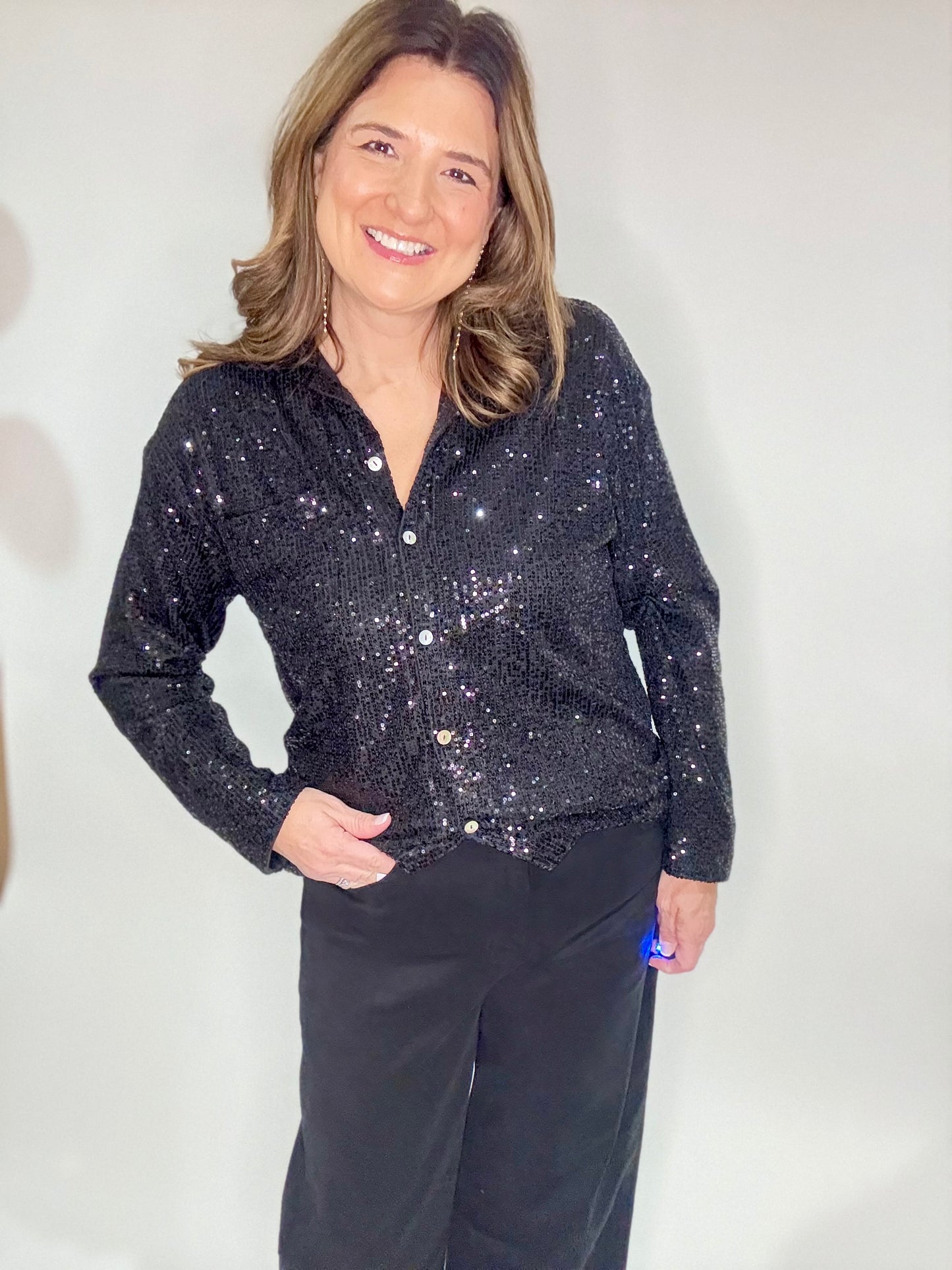 The Black Sequin Dressy Button Up Blouse