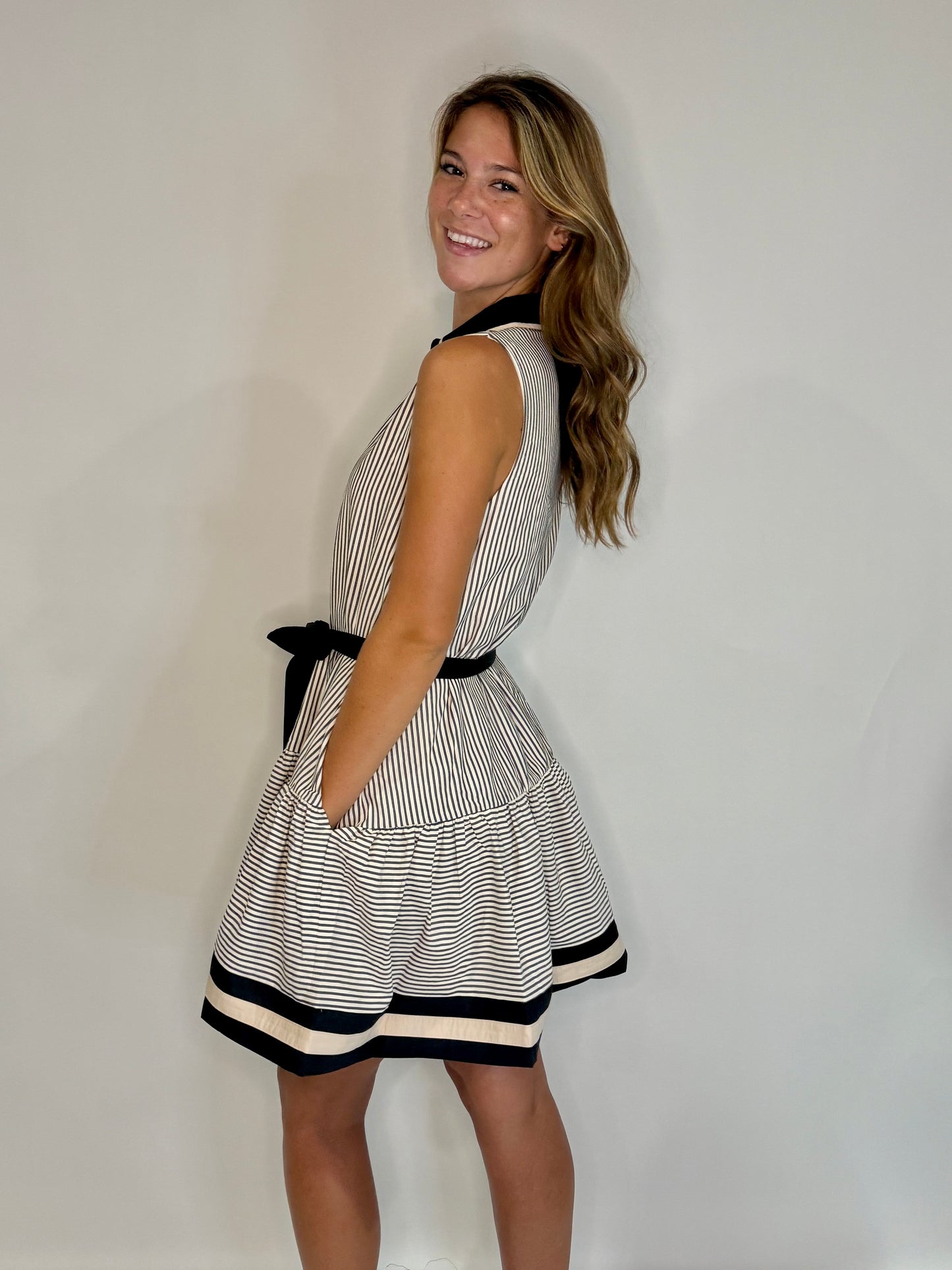 The Black Stripe Midi Tie Dress - Triple Charm Boutique