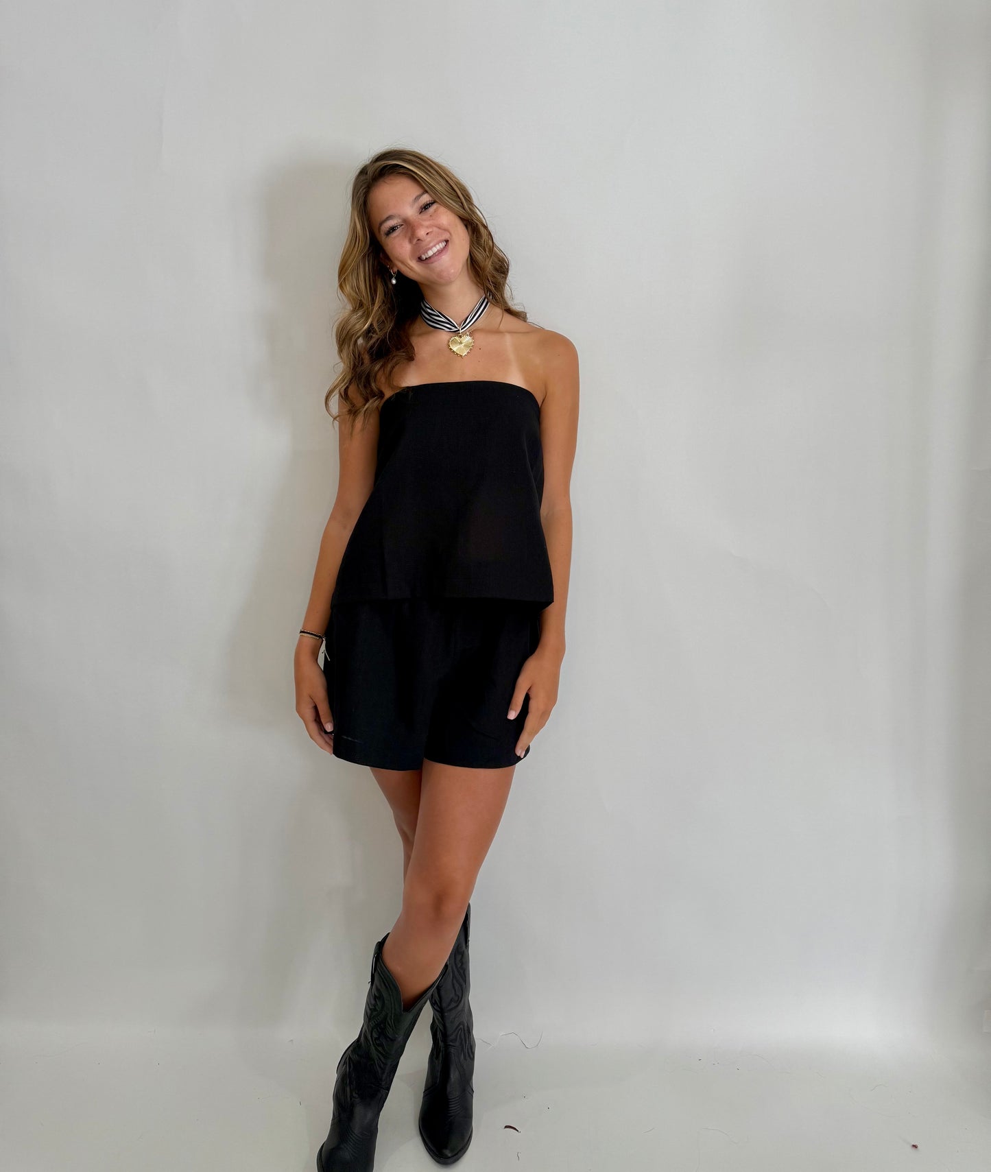 The Black Linen Strapless Bow Shorts Set - Triple Charm Boutique