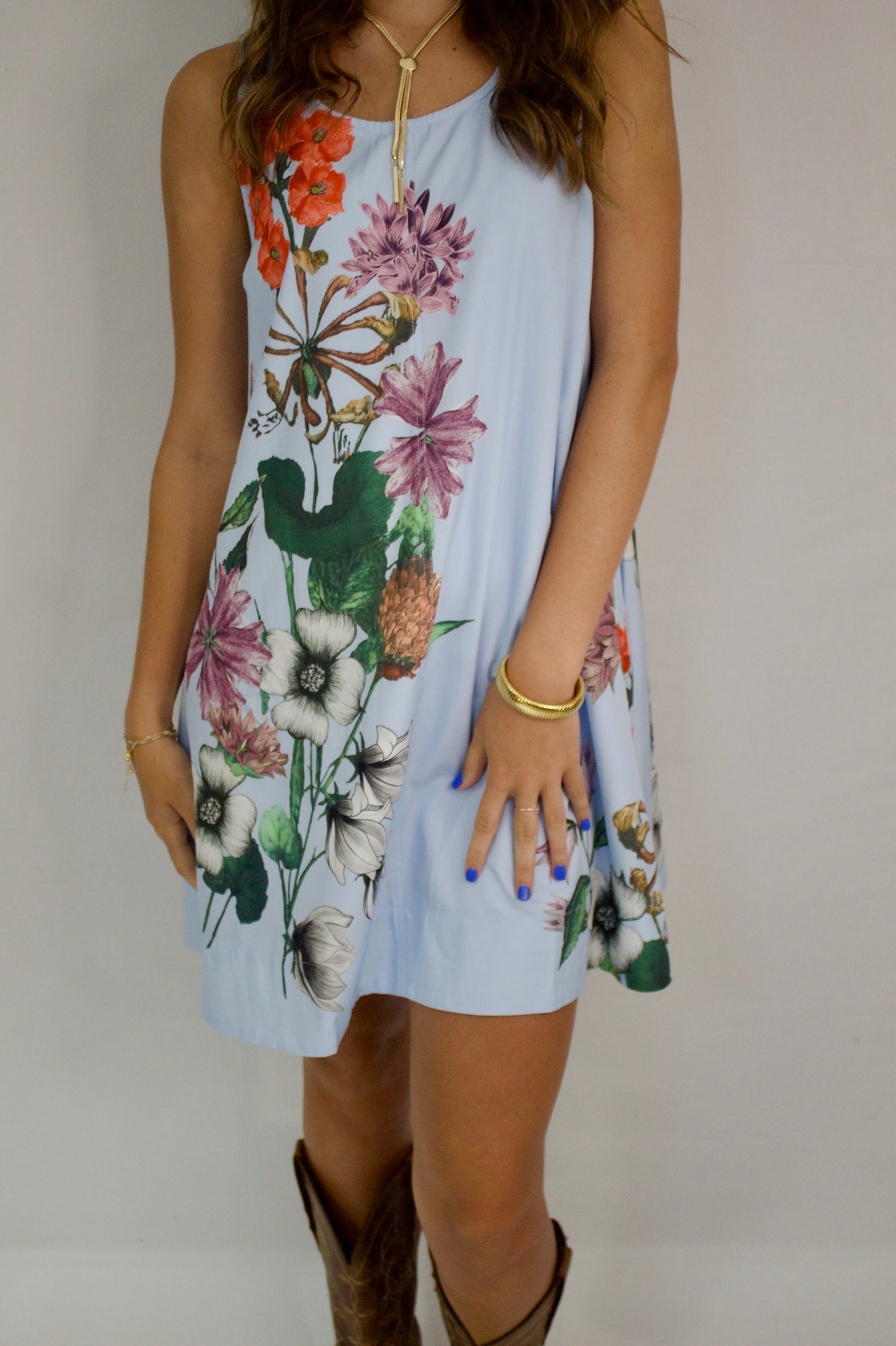 The Baby Blue Floral A-Line Dress - Triple Charm Boutique