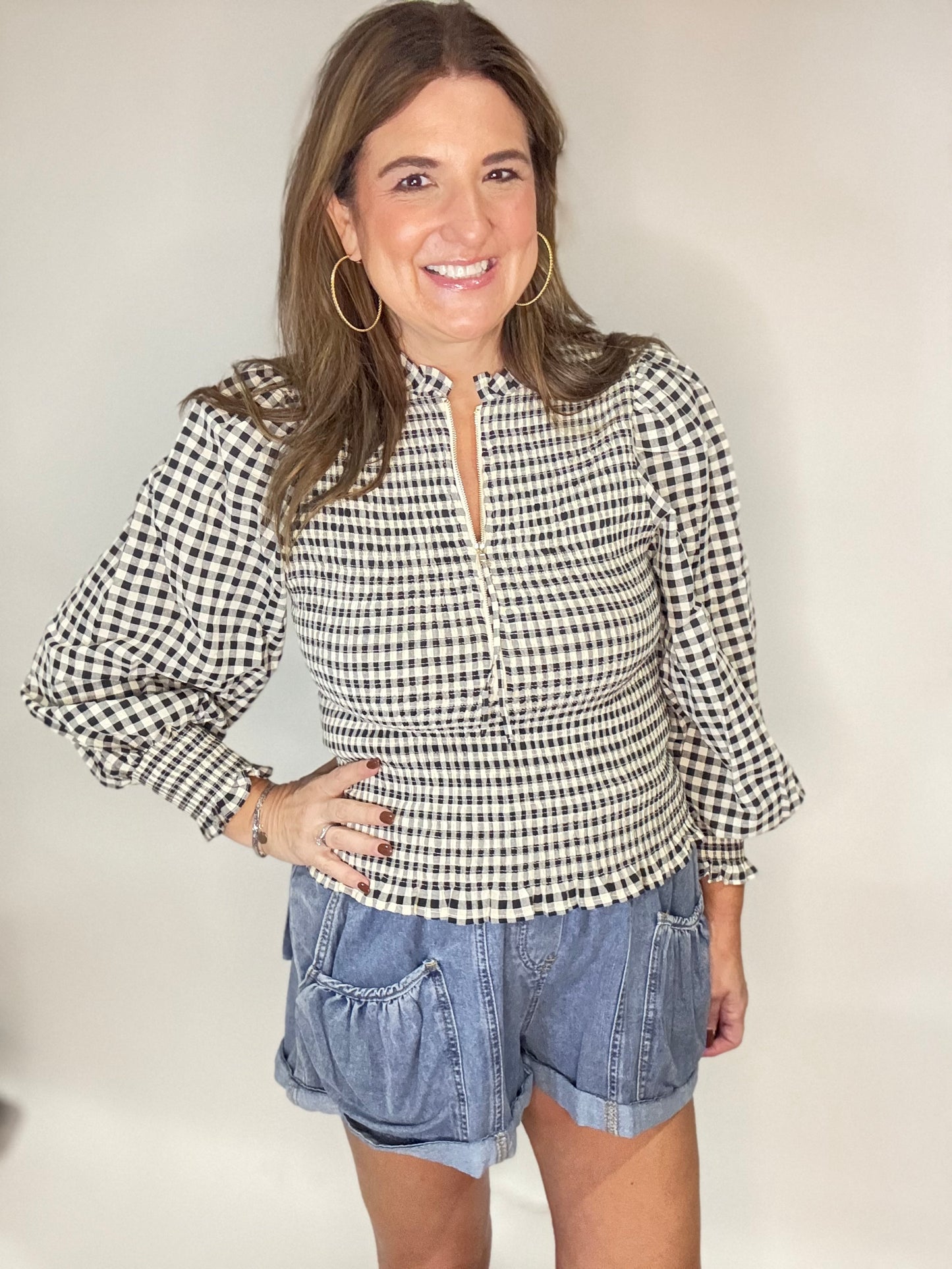 The Black Gingham Puff Sleeve Zip Top