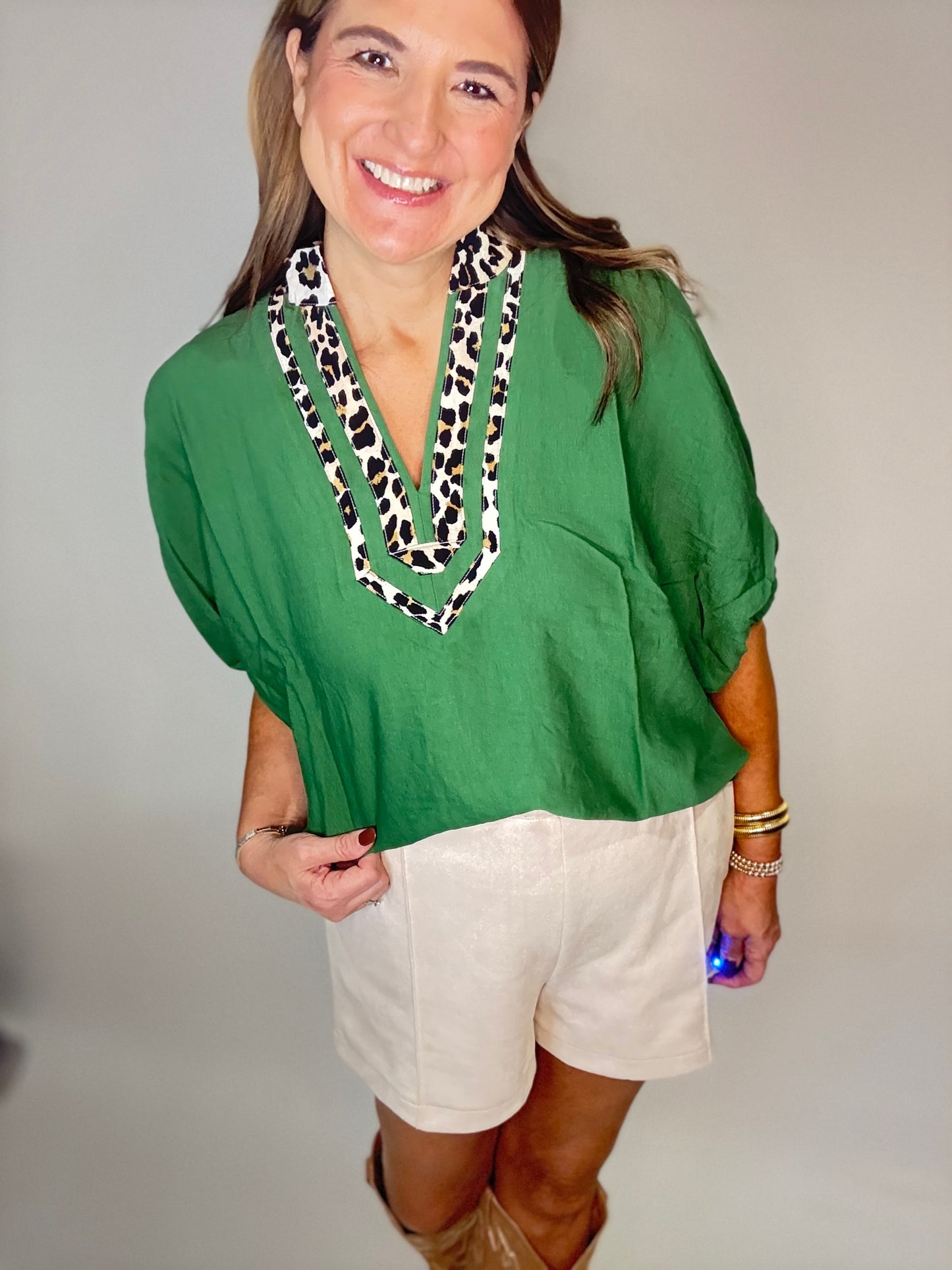 The Kelly Green leopard Trim Top