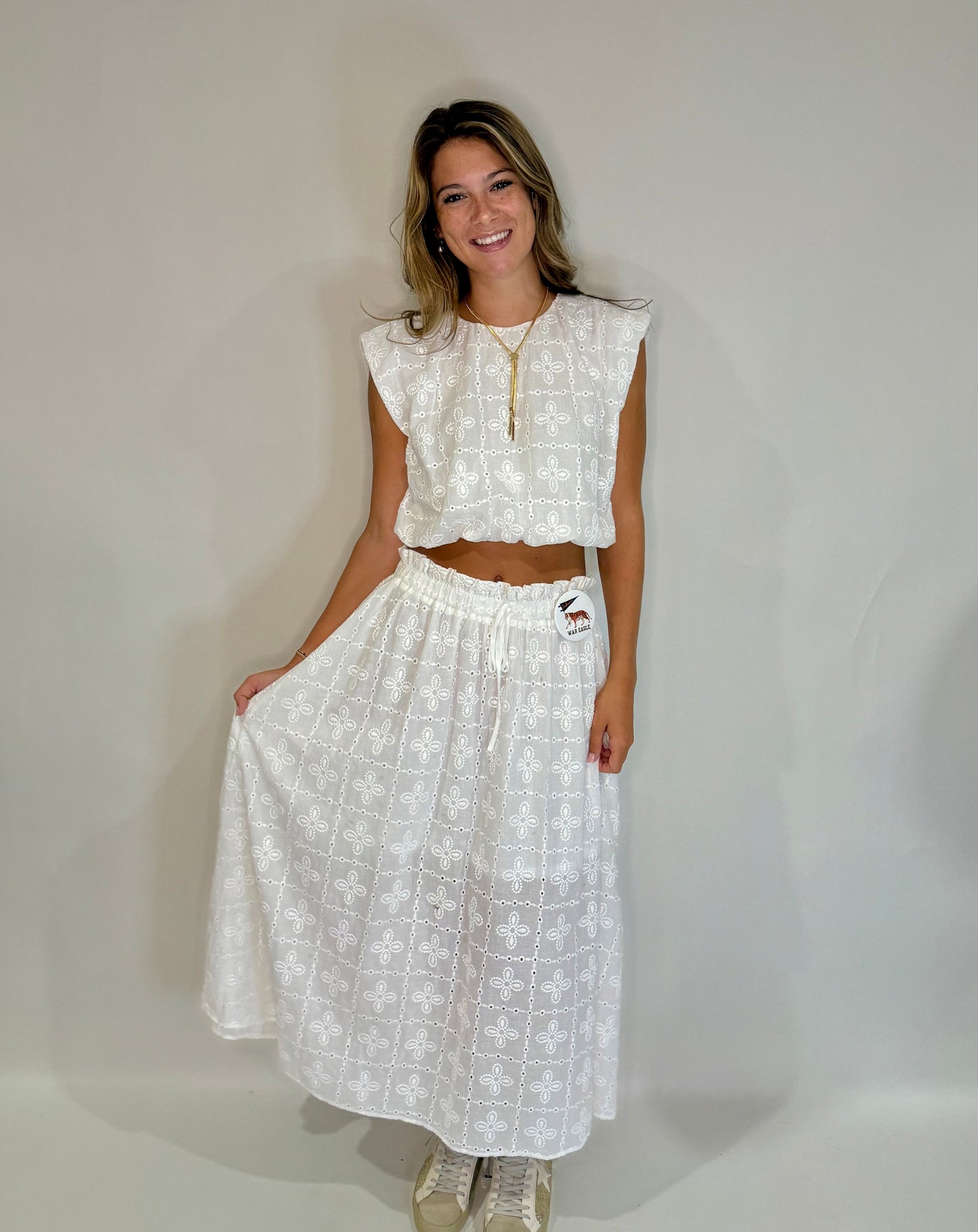 The White Eyelet Lace Midi Skirt Set - Triple Charm Boutique