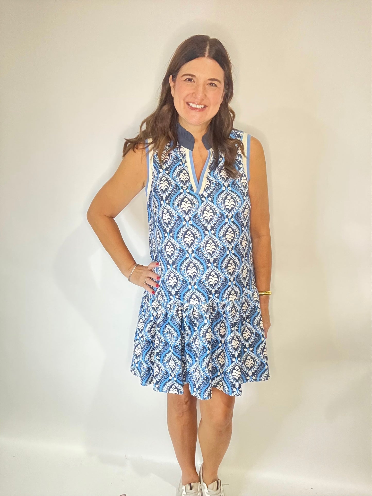 The Perfect Navy Leaf Ruffle Dress - Triple Charm Boutique