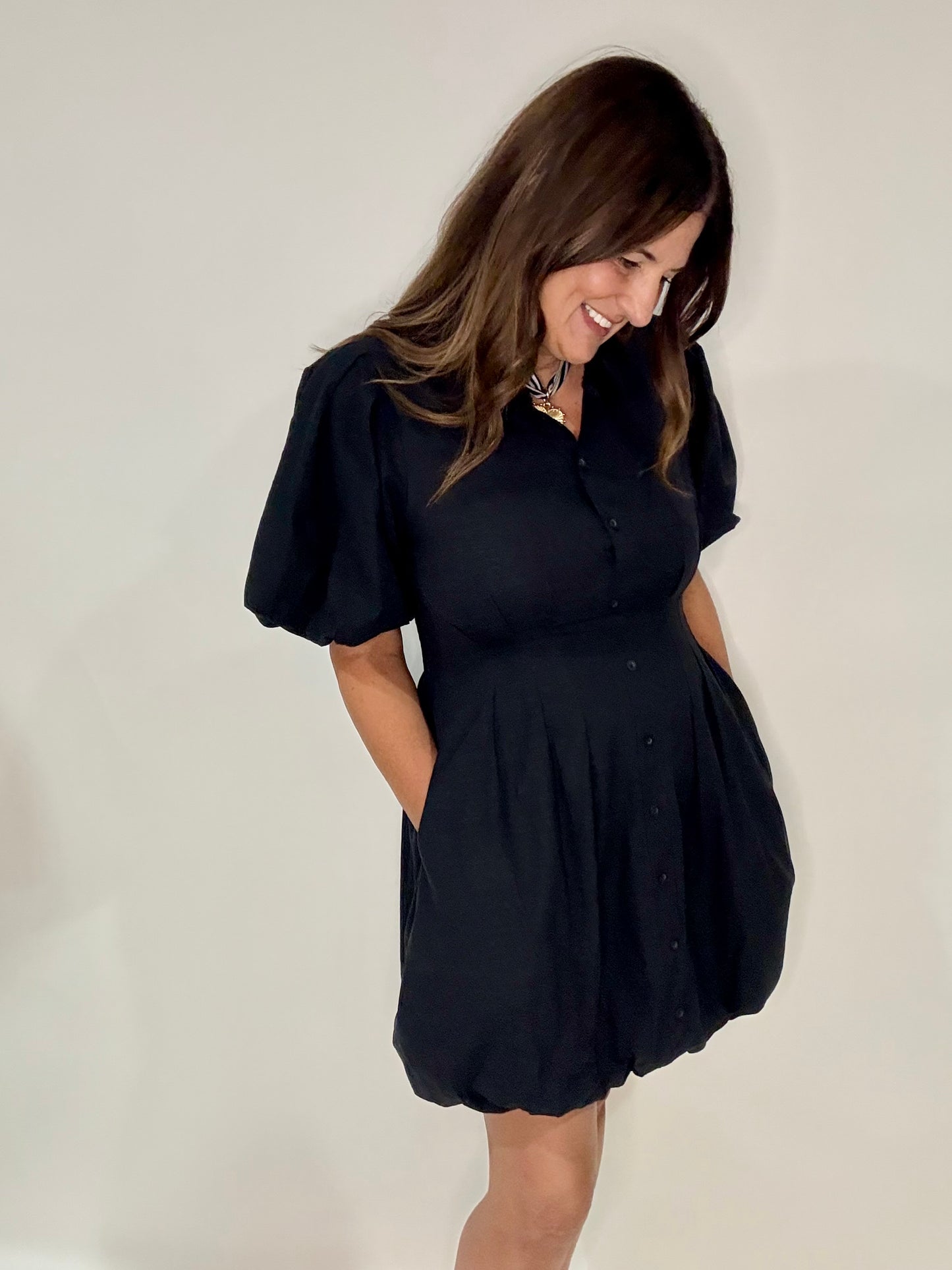 The Button Up Black Bubble Dress - Triple Charm Boutique