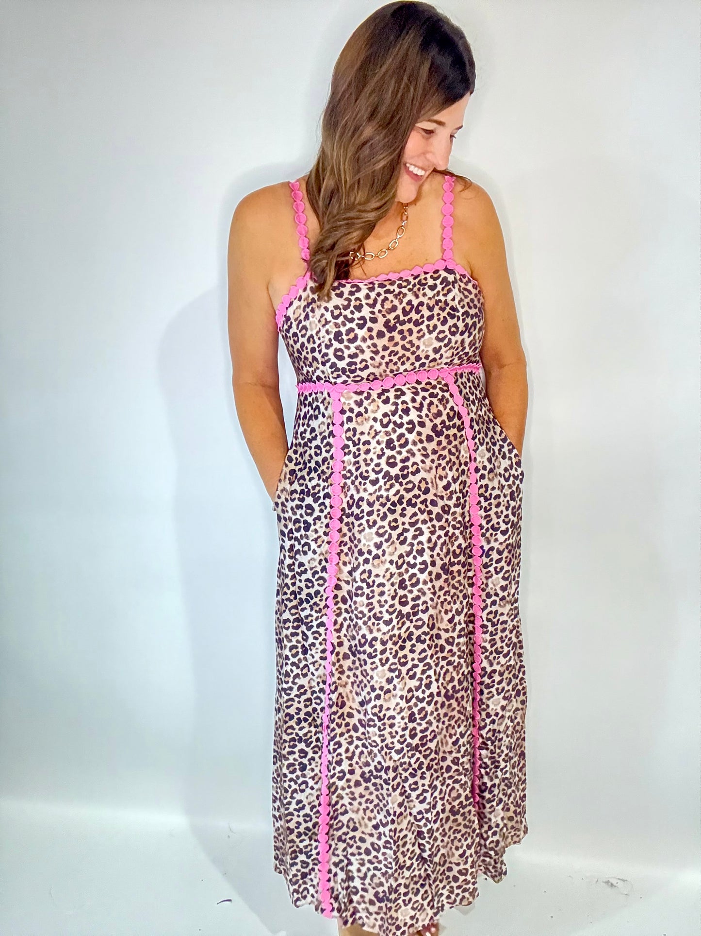 The Leopard Pink Midi Dress - Triple Charm Boutique