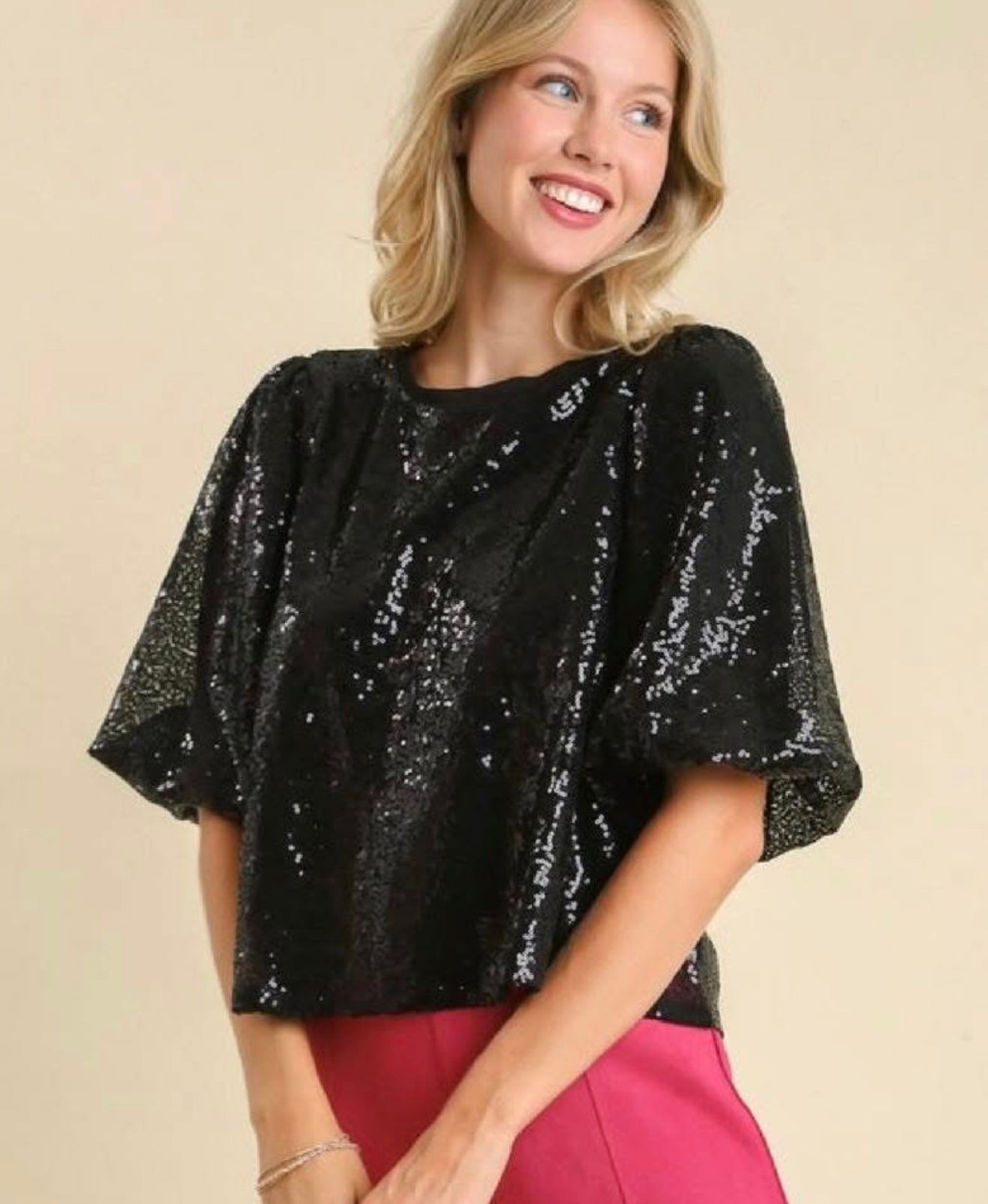 The Black Sequin Puff Sleeve Blouse