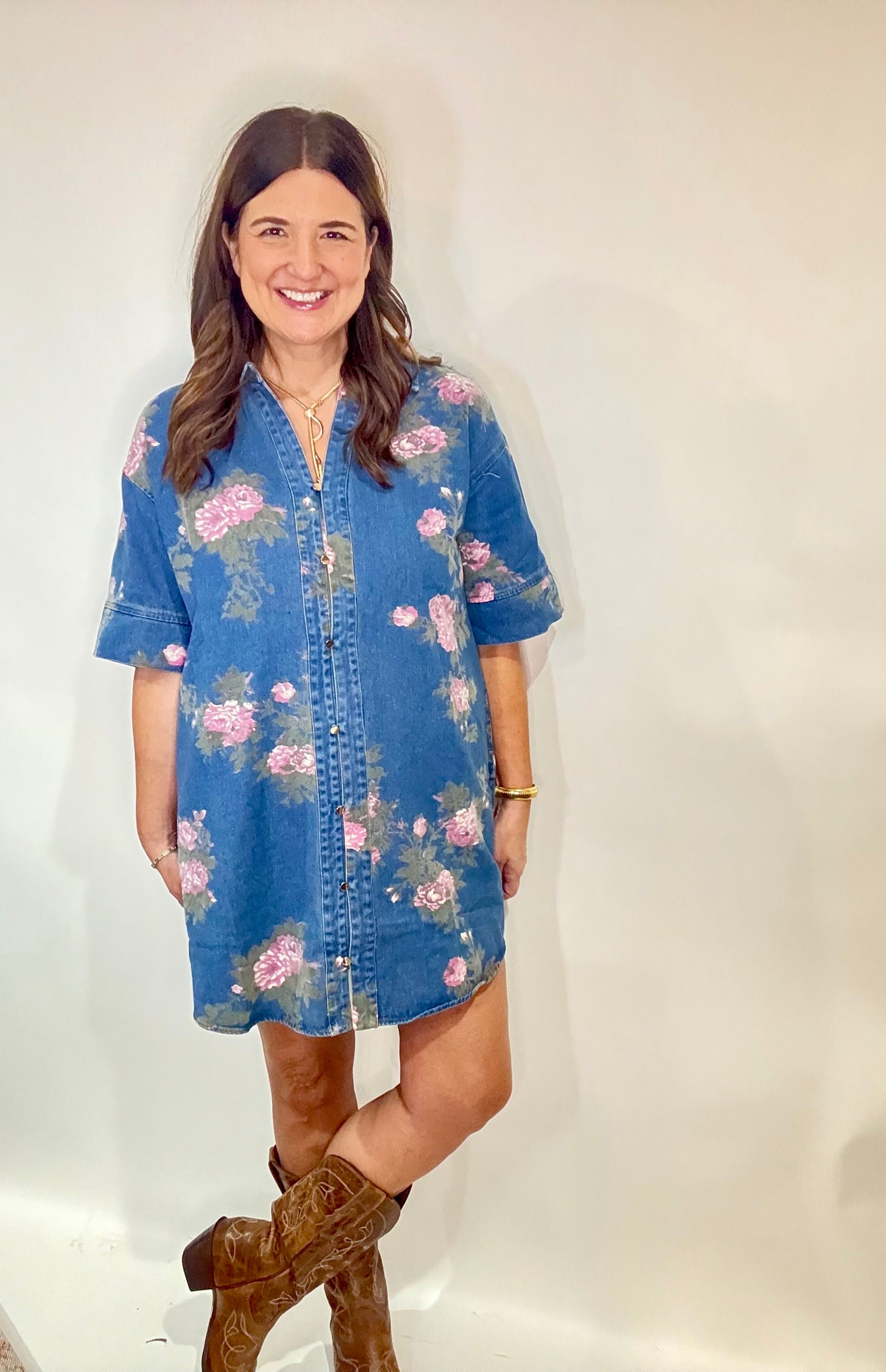 The Denim Floral Dress - Triple Charm Boutique