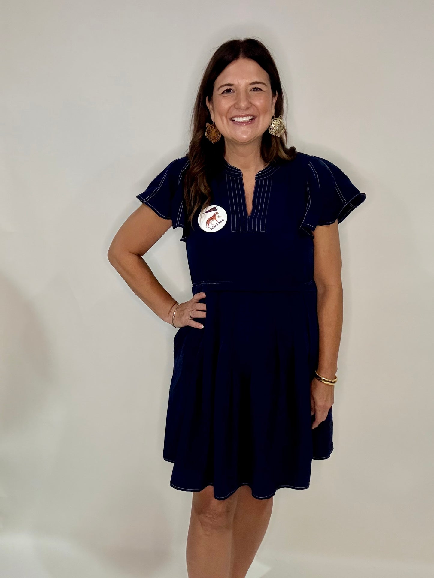 Navy Blue Flutter Sleeve Dress - Triple Charm Boutique