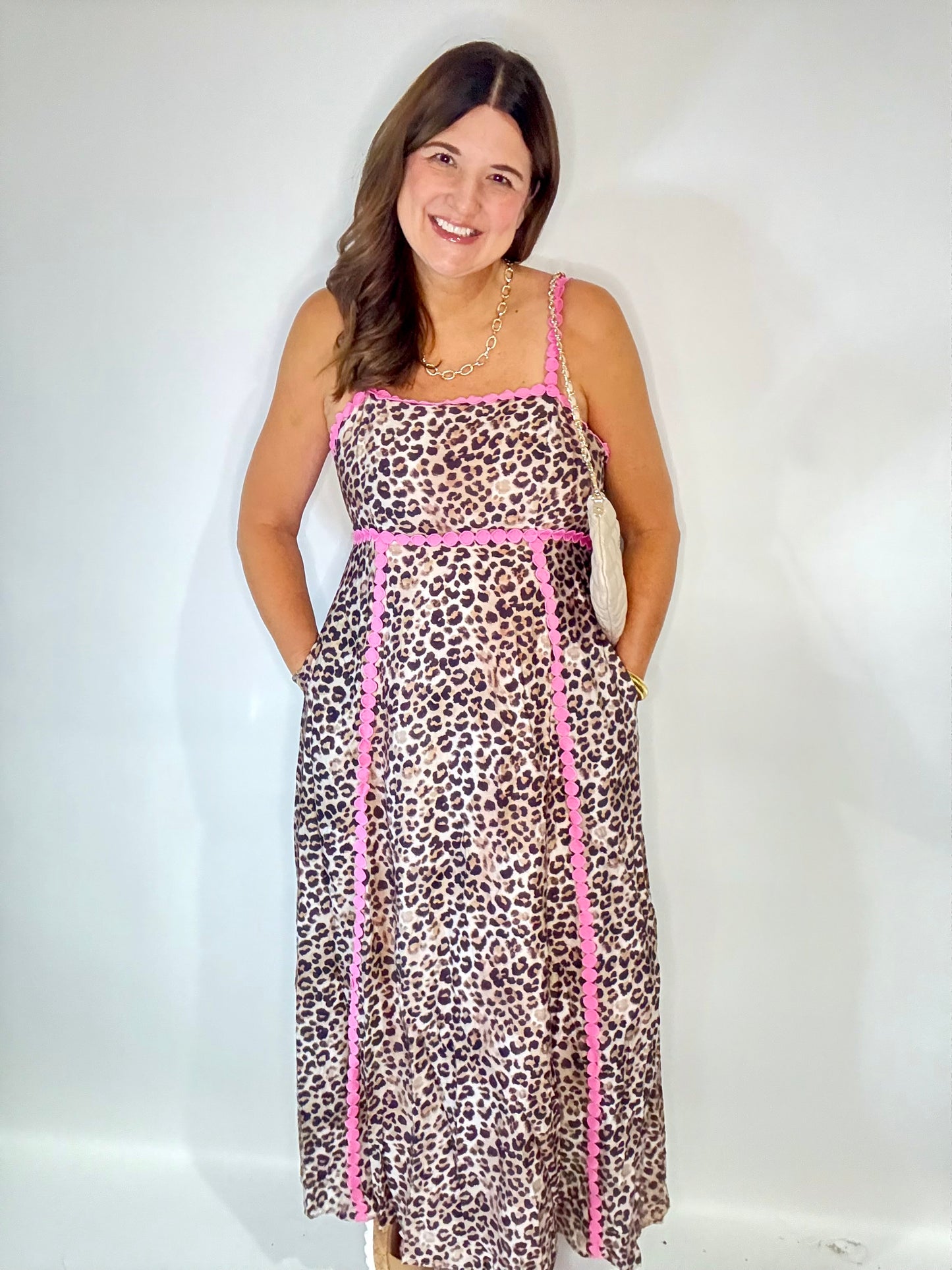 The Leopard Pink Midi Dress - Triple Charm Boutique