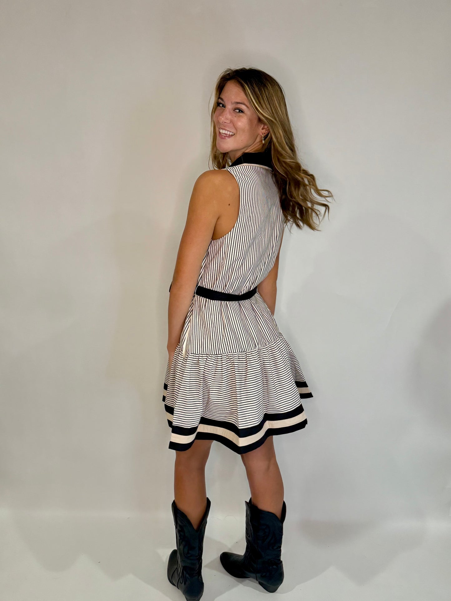 The Black Stripe Midi Tie Dress - Triple Charm Boutique