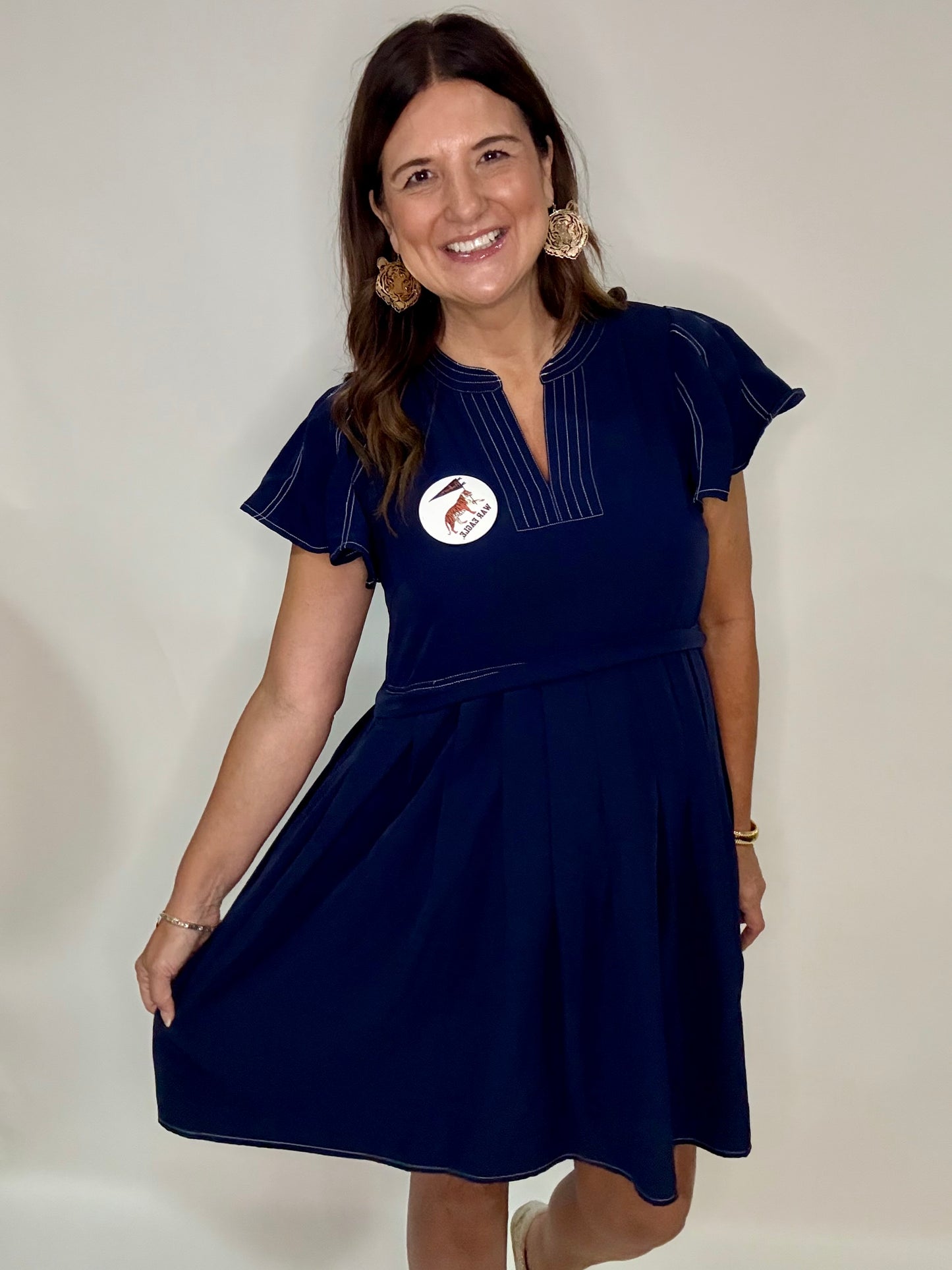 Navy Blue Flutter Sleeve Dress - Triple Charm Boutique