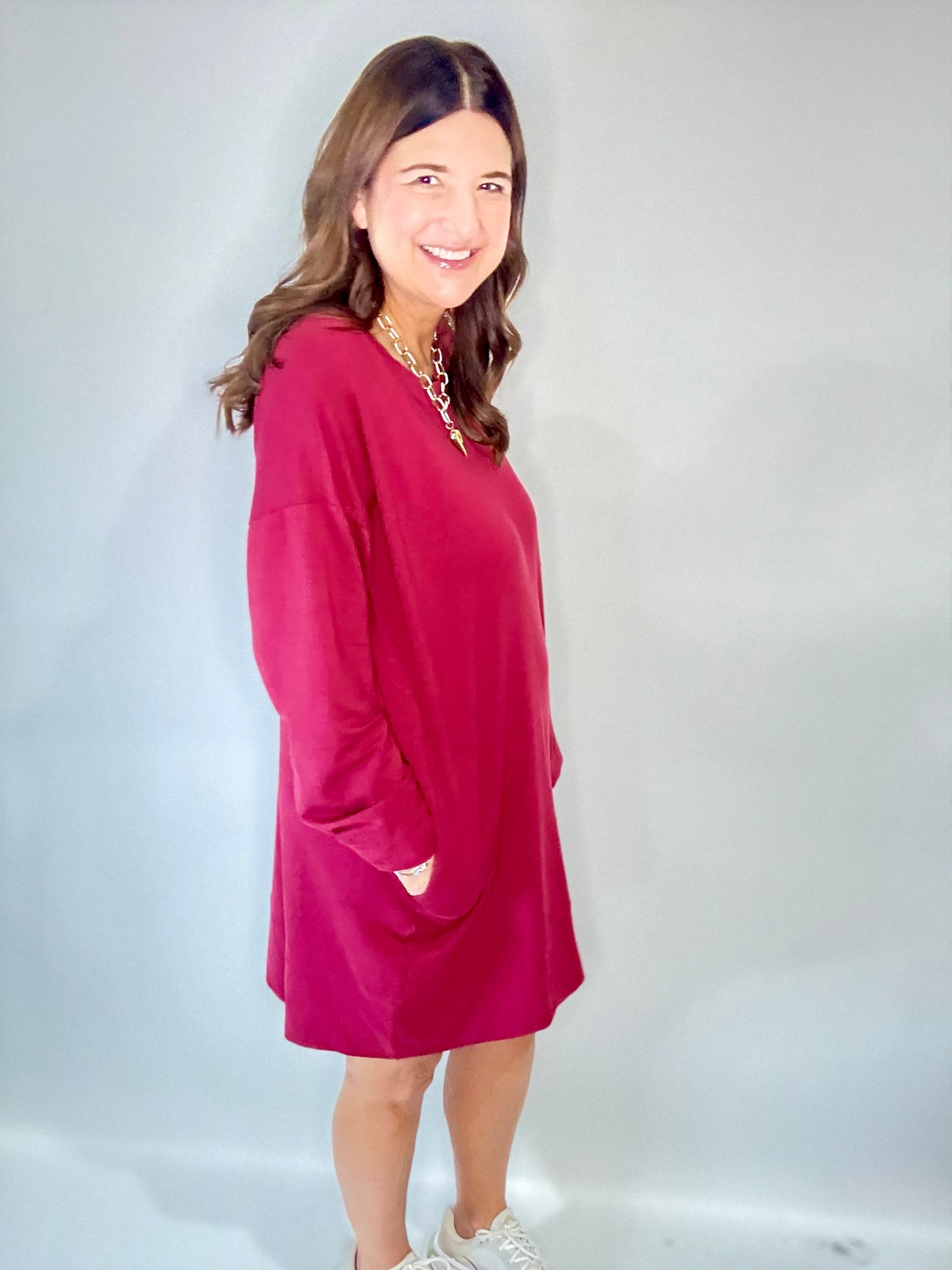 PJ Harlow Crimson Red Oversized Sweatshirt Dress/Gown - Triple Charm Boutique