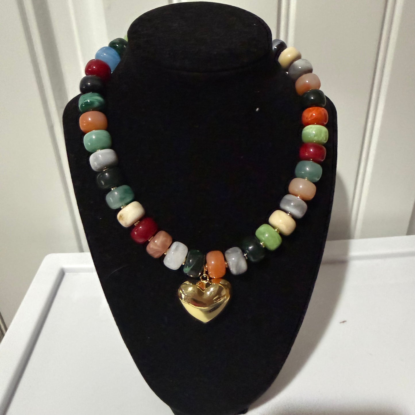 Fall Gold Heart Beaded Necklace Rainbow Colors