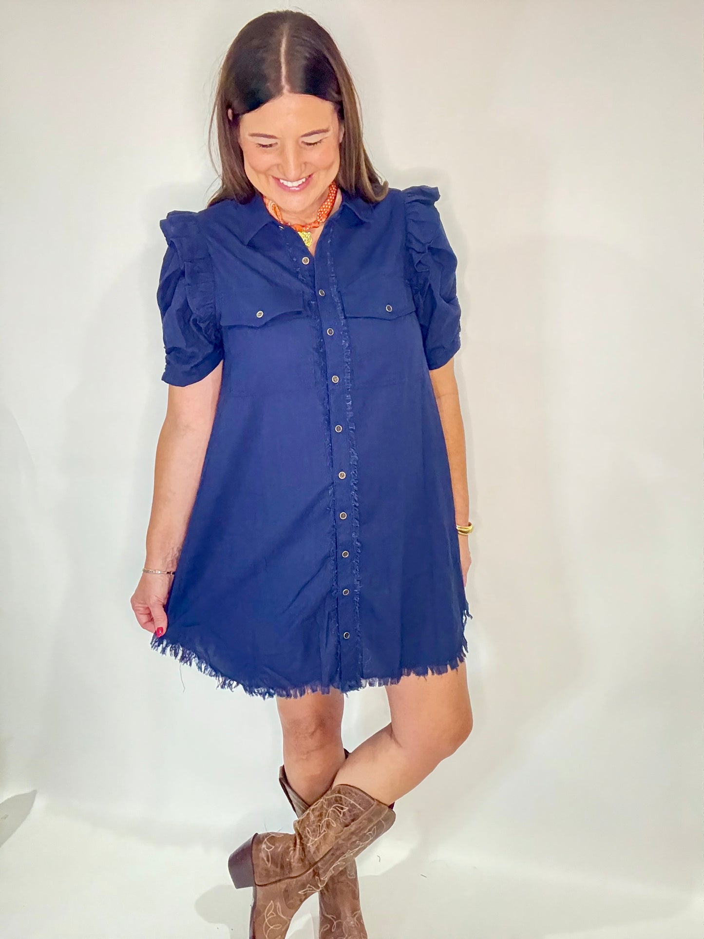 The Leslie Navy Ruffle Dress - Triple Charm Boutique