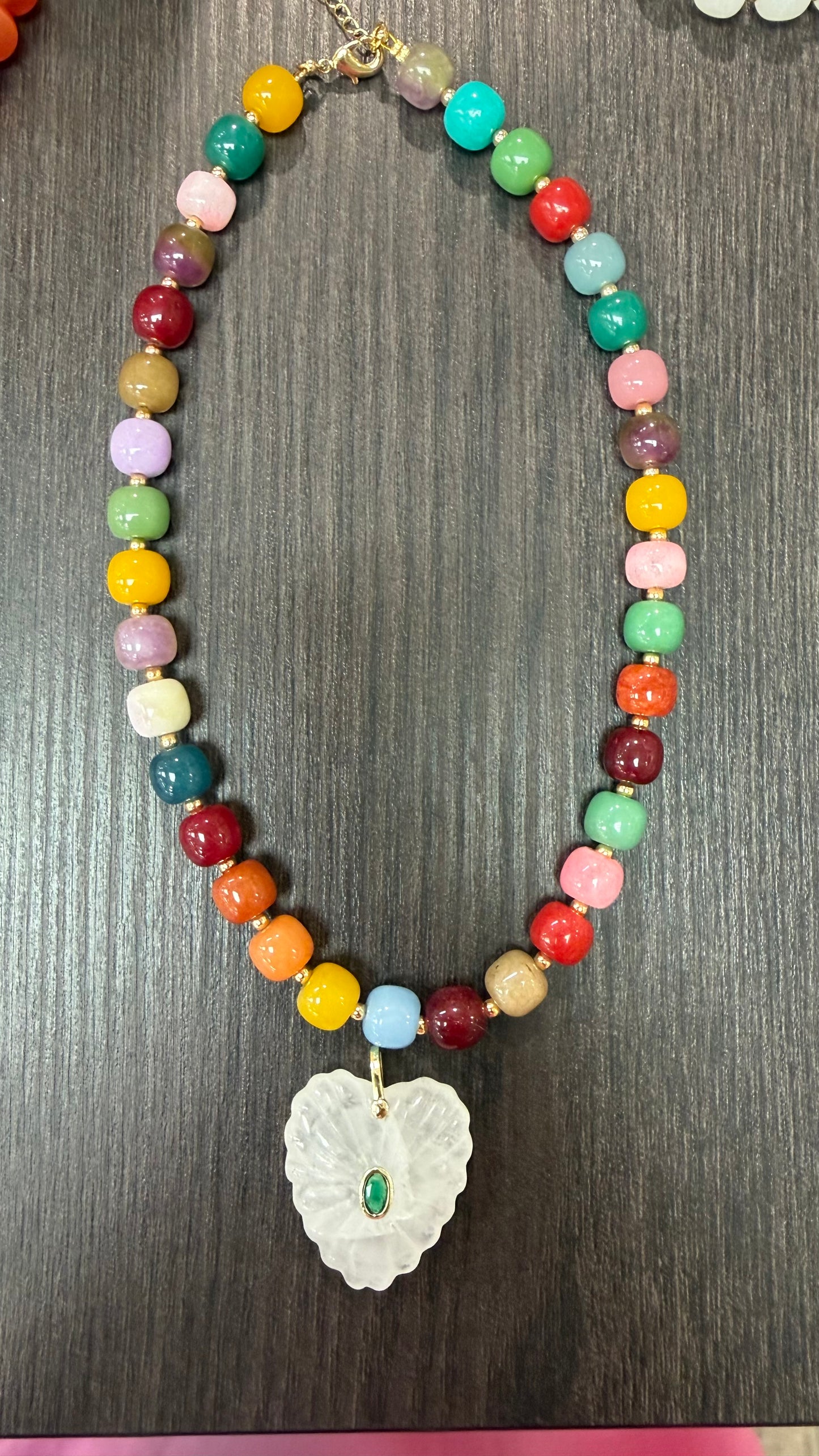 Pre-order multi stone cats eye beaded necklace with marble green heart charm