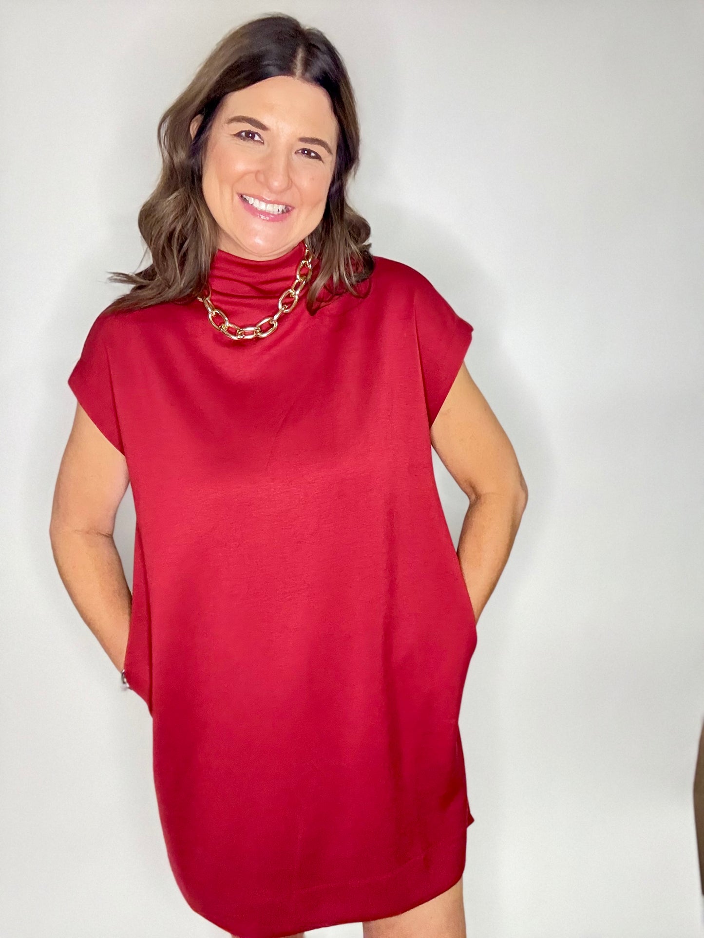 The Red Mock Neck Fitted Dress - Triple Charm Boutique