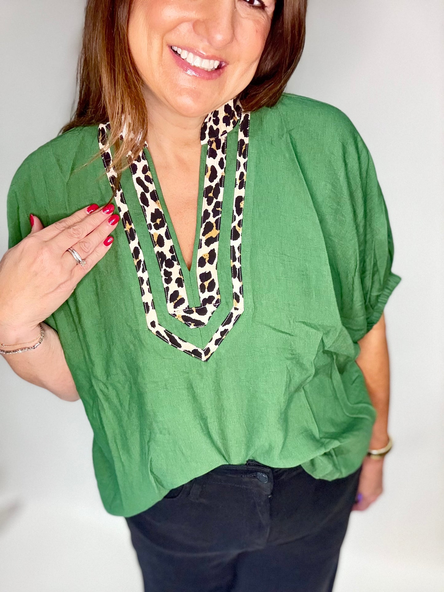 The Kelly Green leopard Trim Top - Triple Charm Boutique