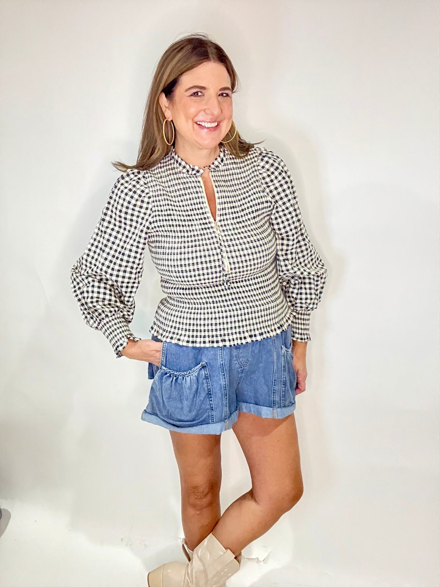 The Black Gingham Puff Sleeve Zip Top