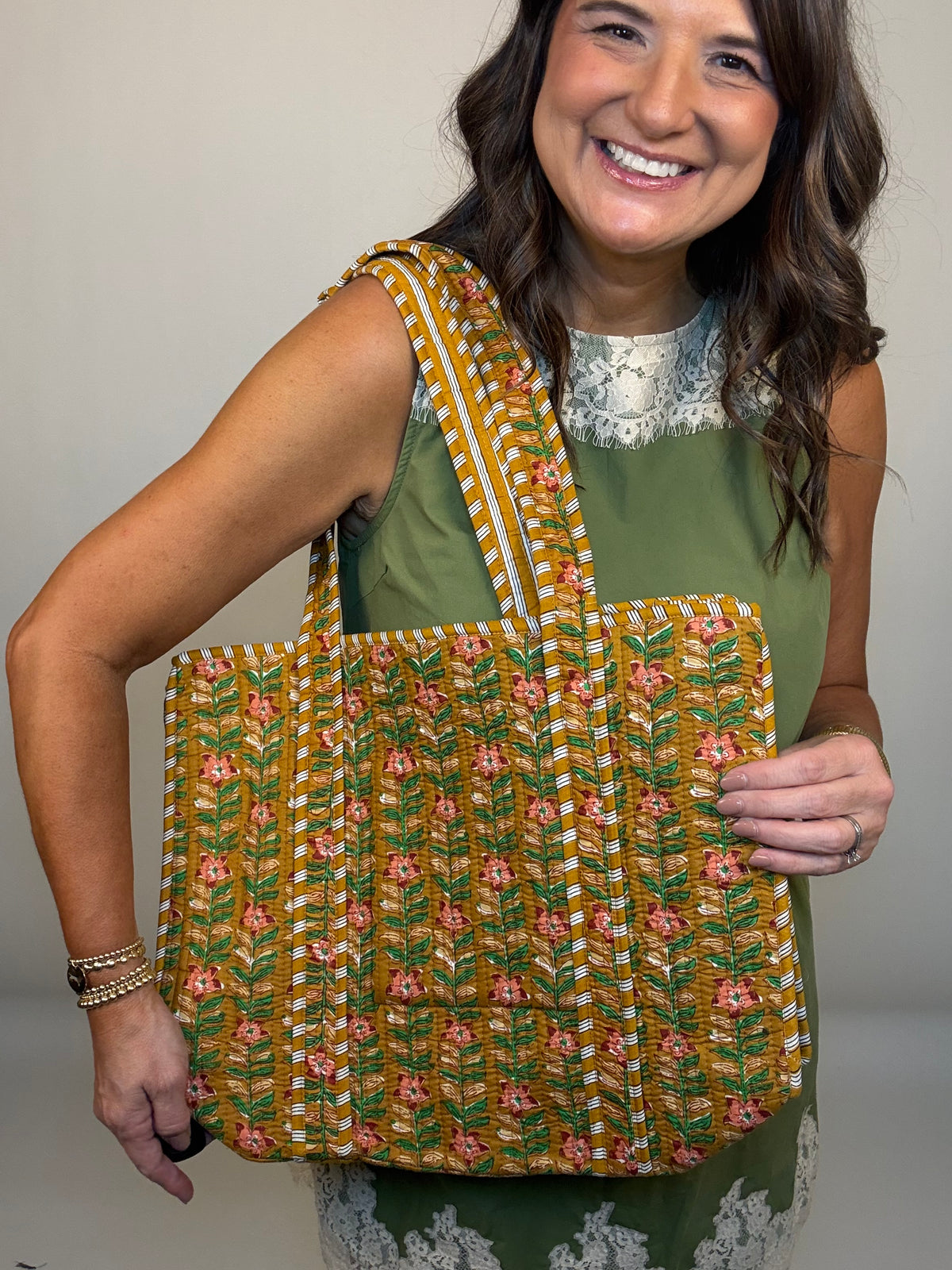 The Green Floral Poppy Quilted Tote Bag