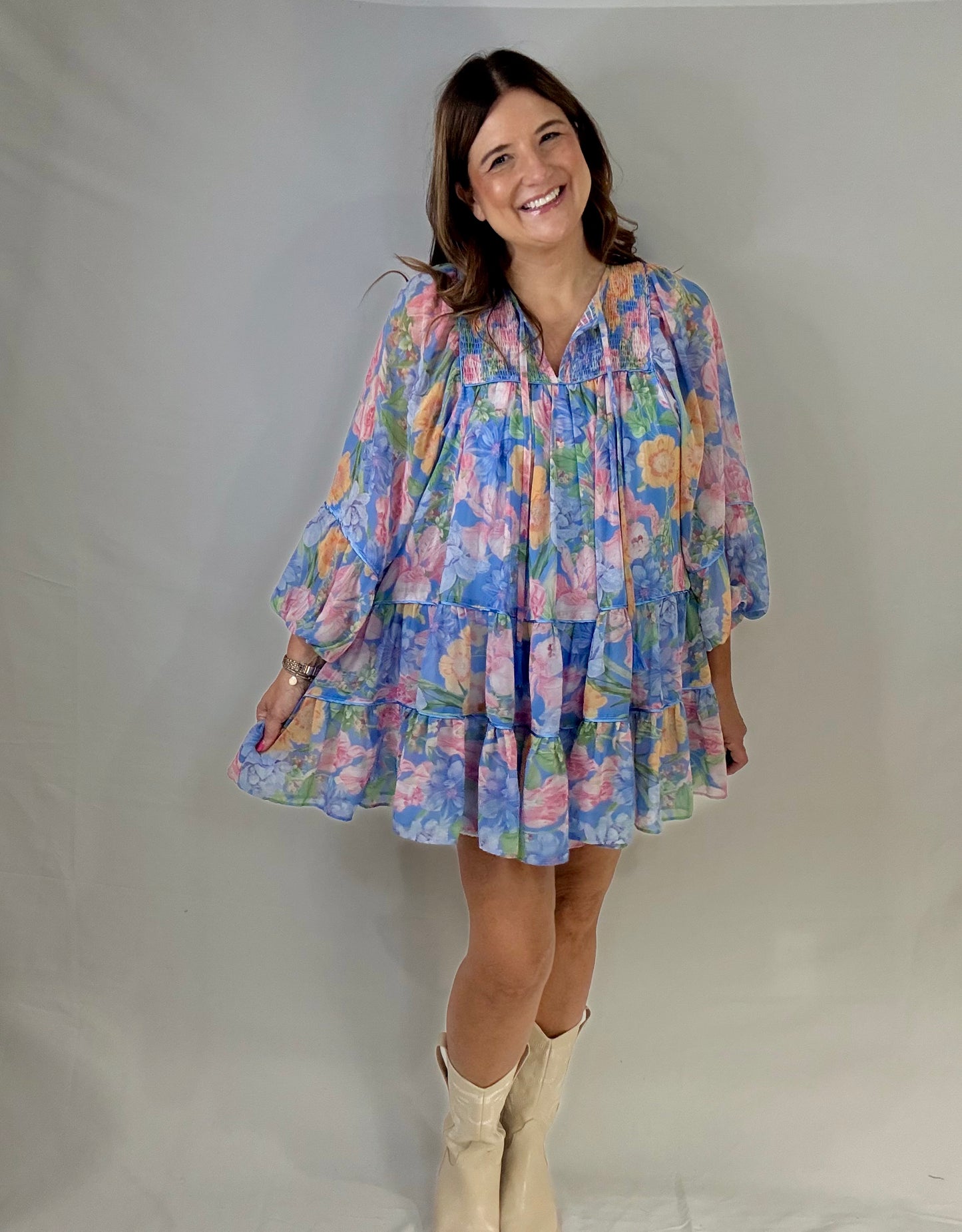 The Dressy Blue Flower Mini Dress - Triple Charm Boutique