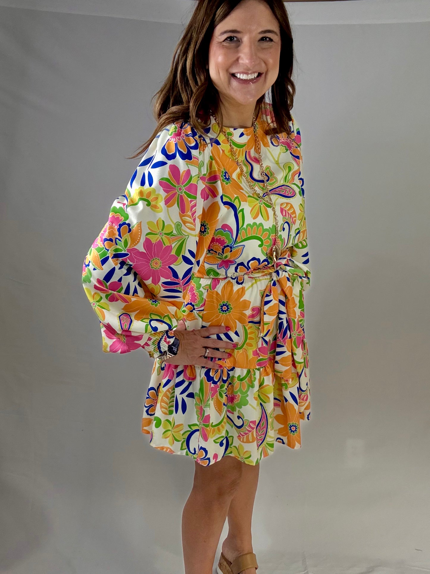 Bright Flower Tie Dress - Triple Charm Boutique