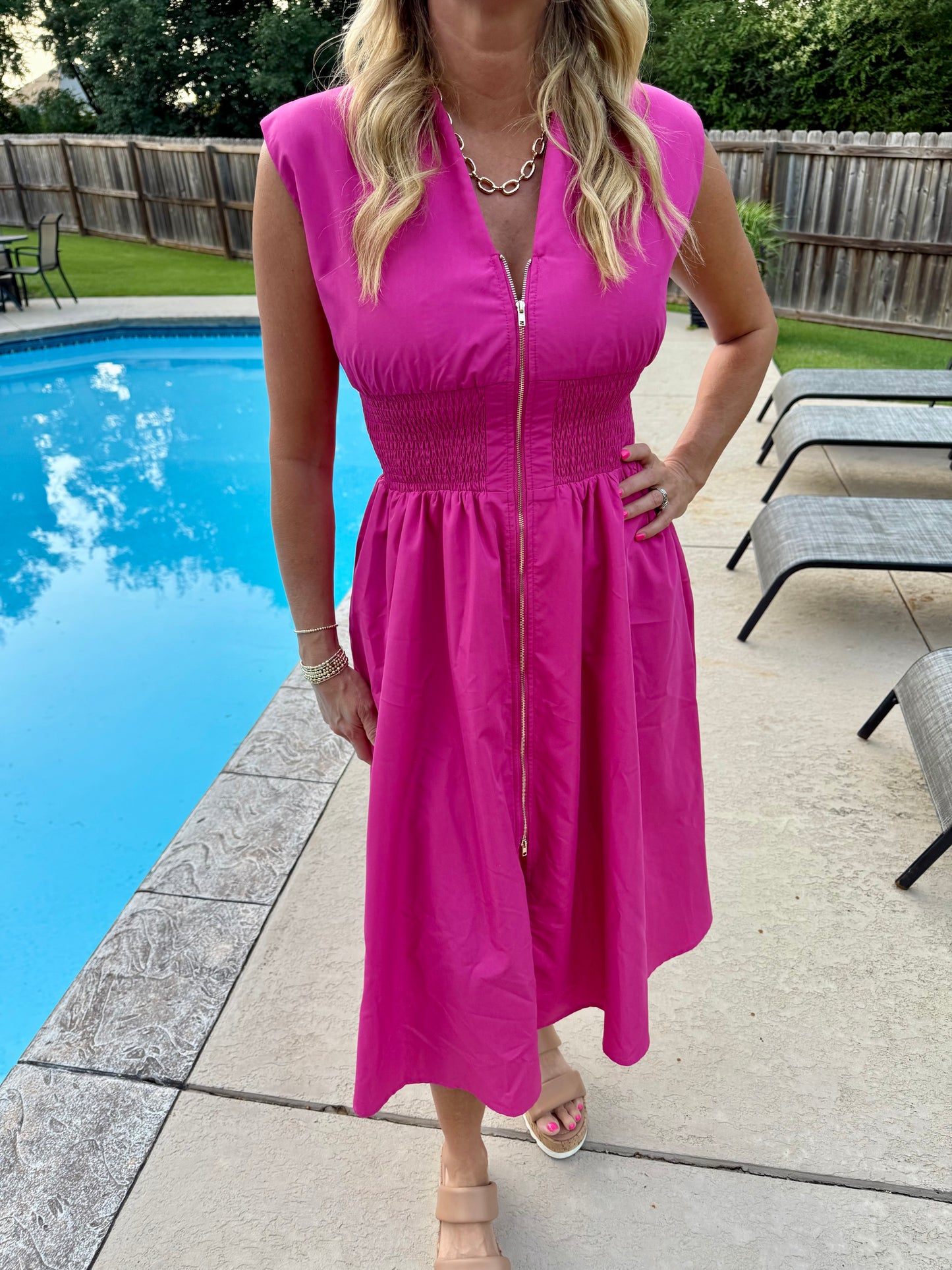 The Pink Gold Zip Midi Dress - Triple Charm Boutique