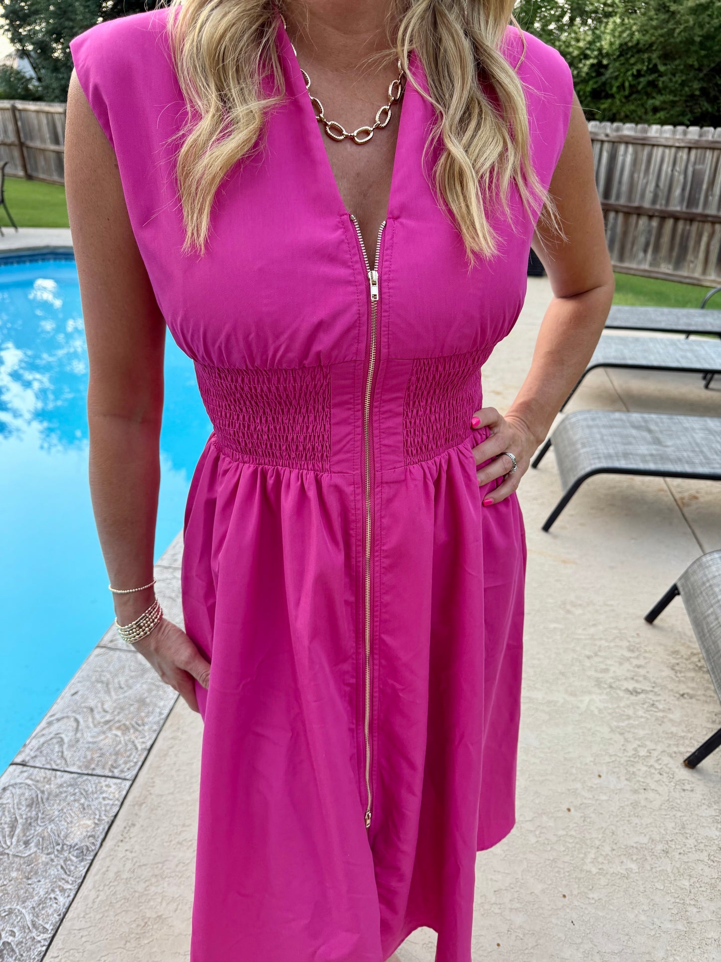 The Pink Gold Zip Midi Dress - Triple Charm Boutique