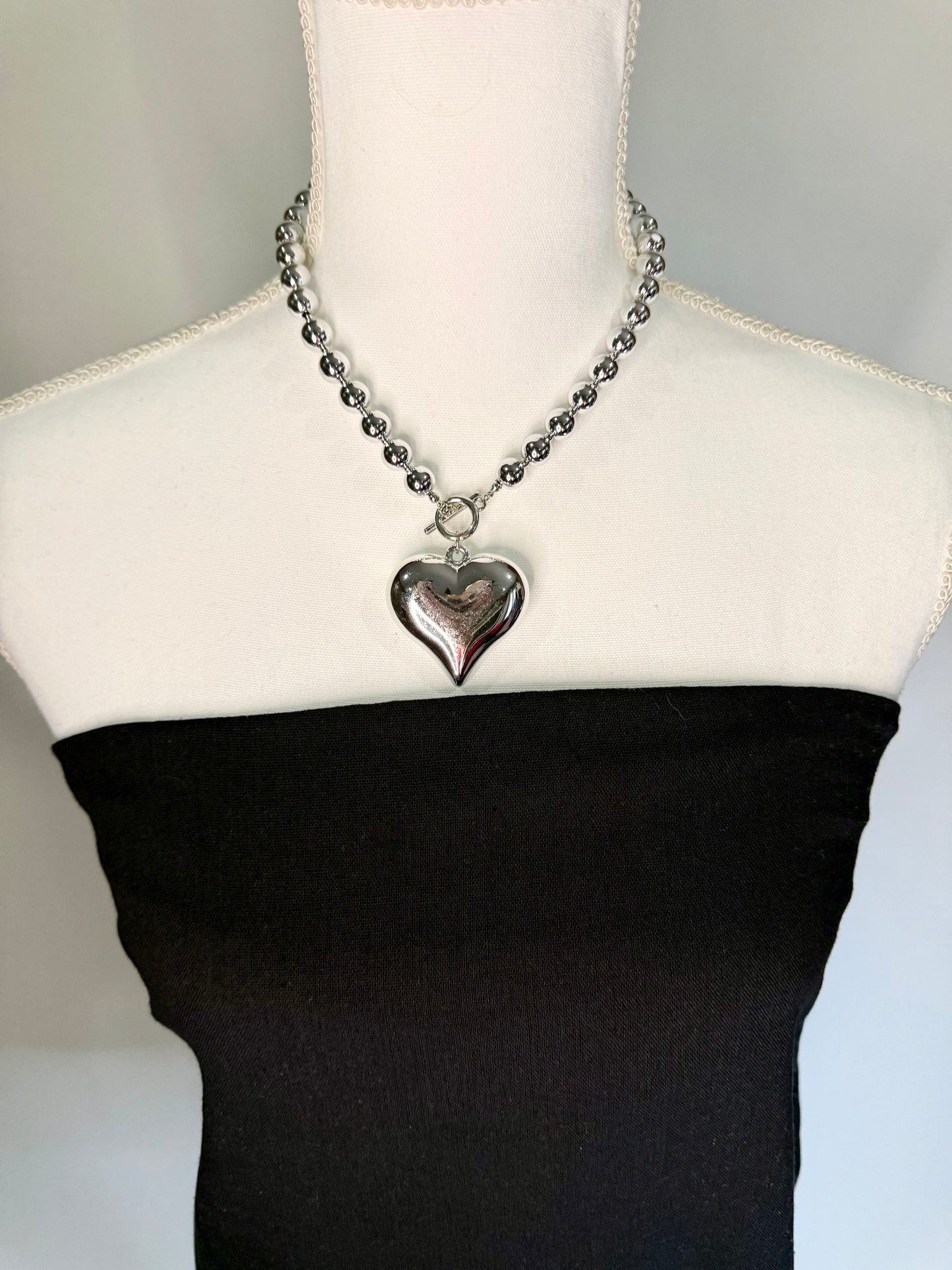 Silver Heart Beaded Statement Toggle Necklace - Triple Charm Boutique
