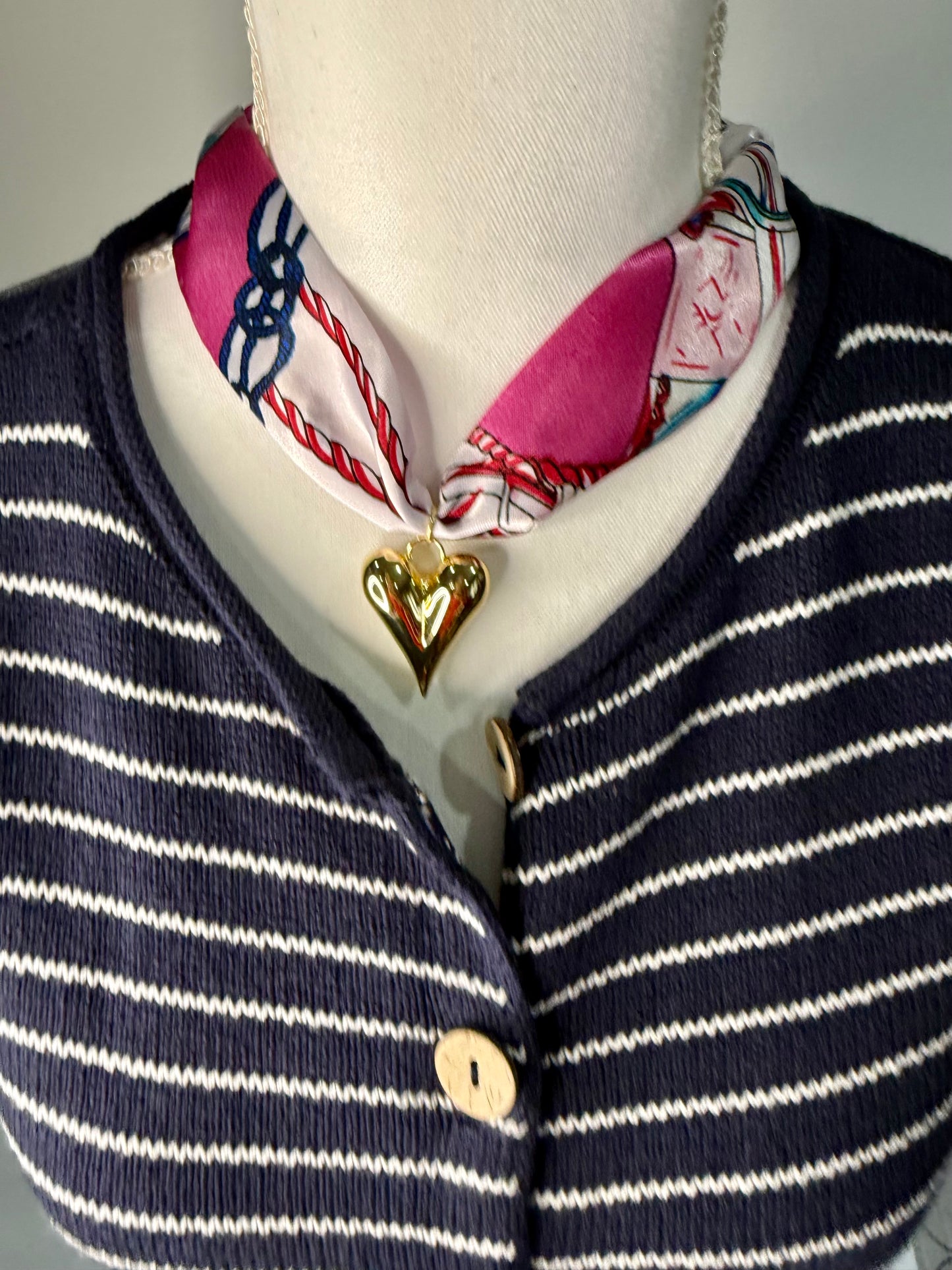 Scarf Heart Necklace in Cream, Pink, & Blue Chain Print - Triple Charm Boutique