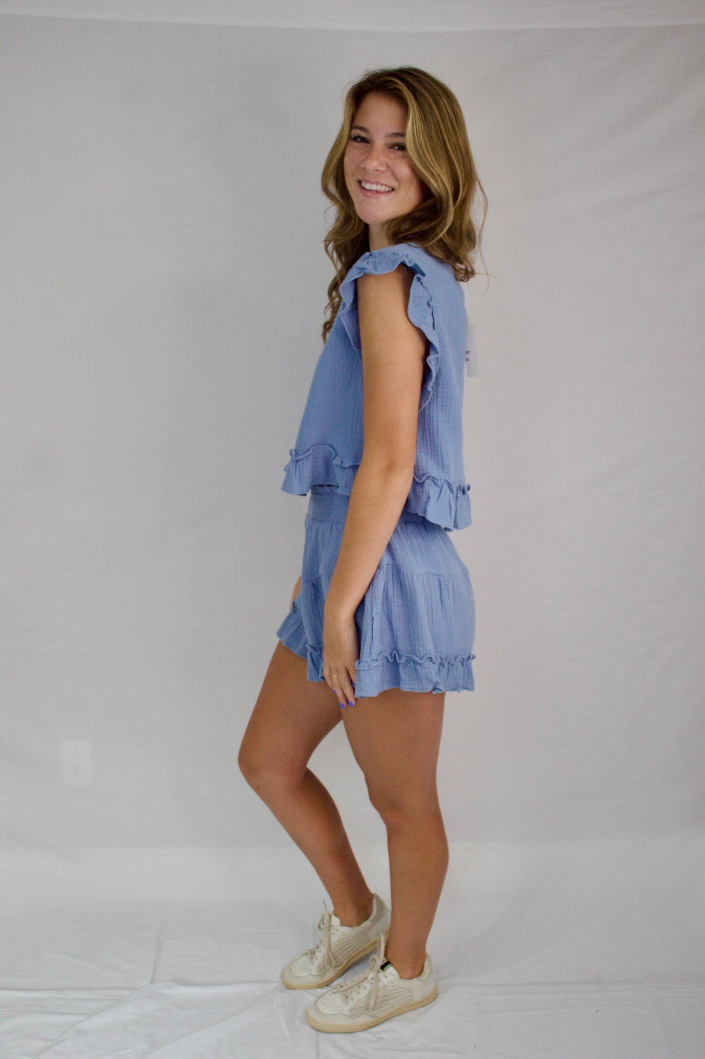 The Blue Linen Ruffle Shorts Set - Triple Charm Boutique