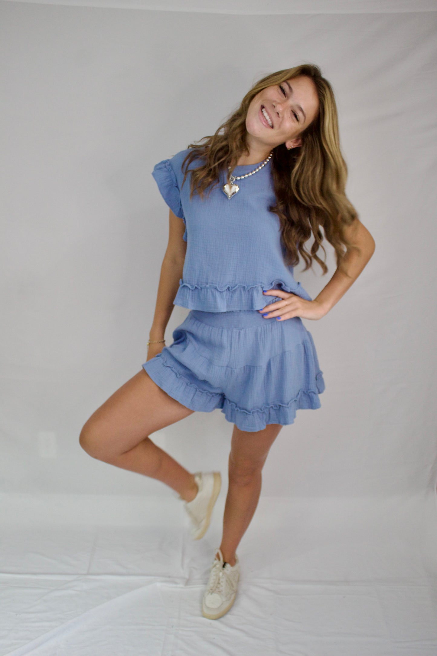 The Blue Linen Ruffle Shorts Set - Triple Charm Boutique